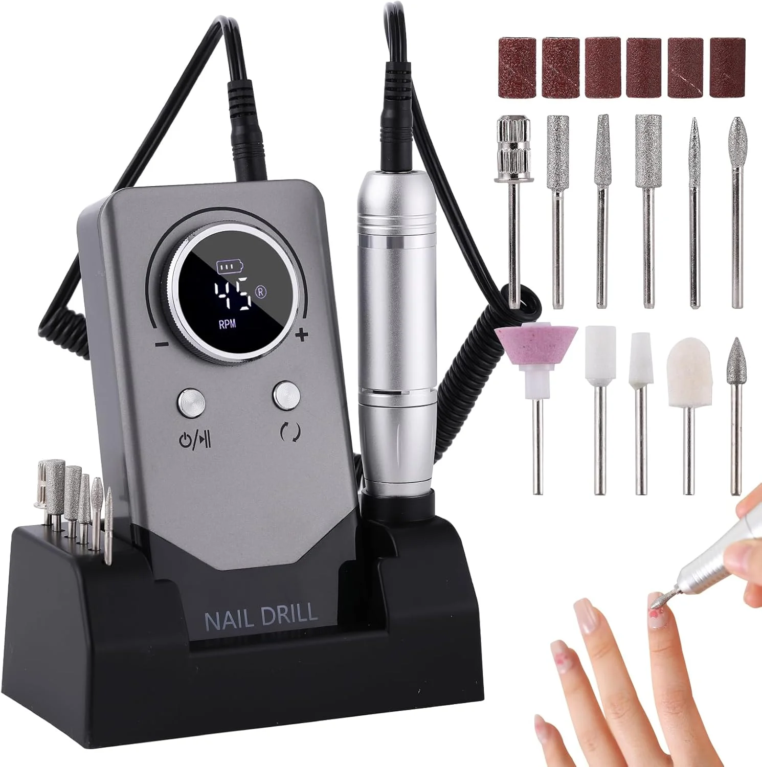 دستگاه سوهان برقی ناخن قابل حمل شارژی 45000 دور در دقیقه با صفحه نمایش LCD هوشمند برای مانیکور و پدیکور ناخن ژلی، بدنه بازتابنده و غیره (خاکستری) دستگاه سوهان برقی ناخن قابل حمل شارژی 45000 دور در دقیقه با صفحه نمایش LCD هوشمند برای مانیکور و پدیکور ناخن ژلی، بدنه بازتابنده و غیره (خاکستری)