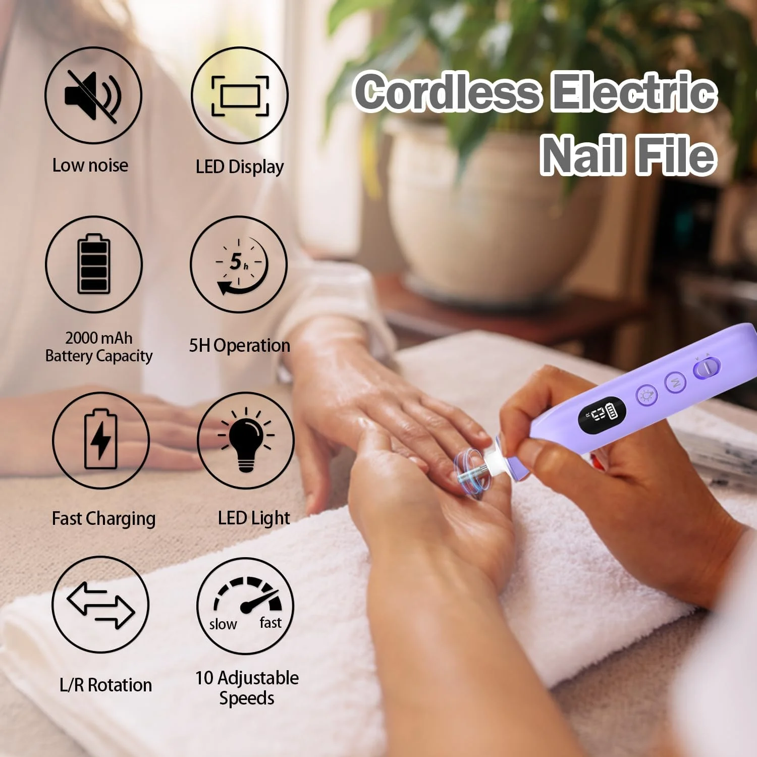 سوهان برقی ناخن، دریل ناخن بی سیم 10 سرعته با چراغ LED، کیت قابل حمل مانیکور پدیکور برای ناخن های ژلی آکریلیک، ناخن های ضخیم پا، سوهان ناخن، مراقبت از ناخن های طبیعی دست - 10 سری و 120 نوار سنباده