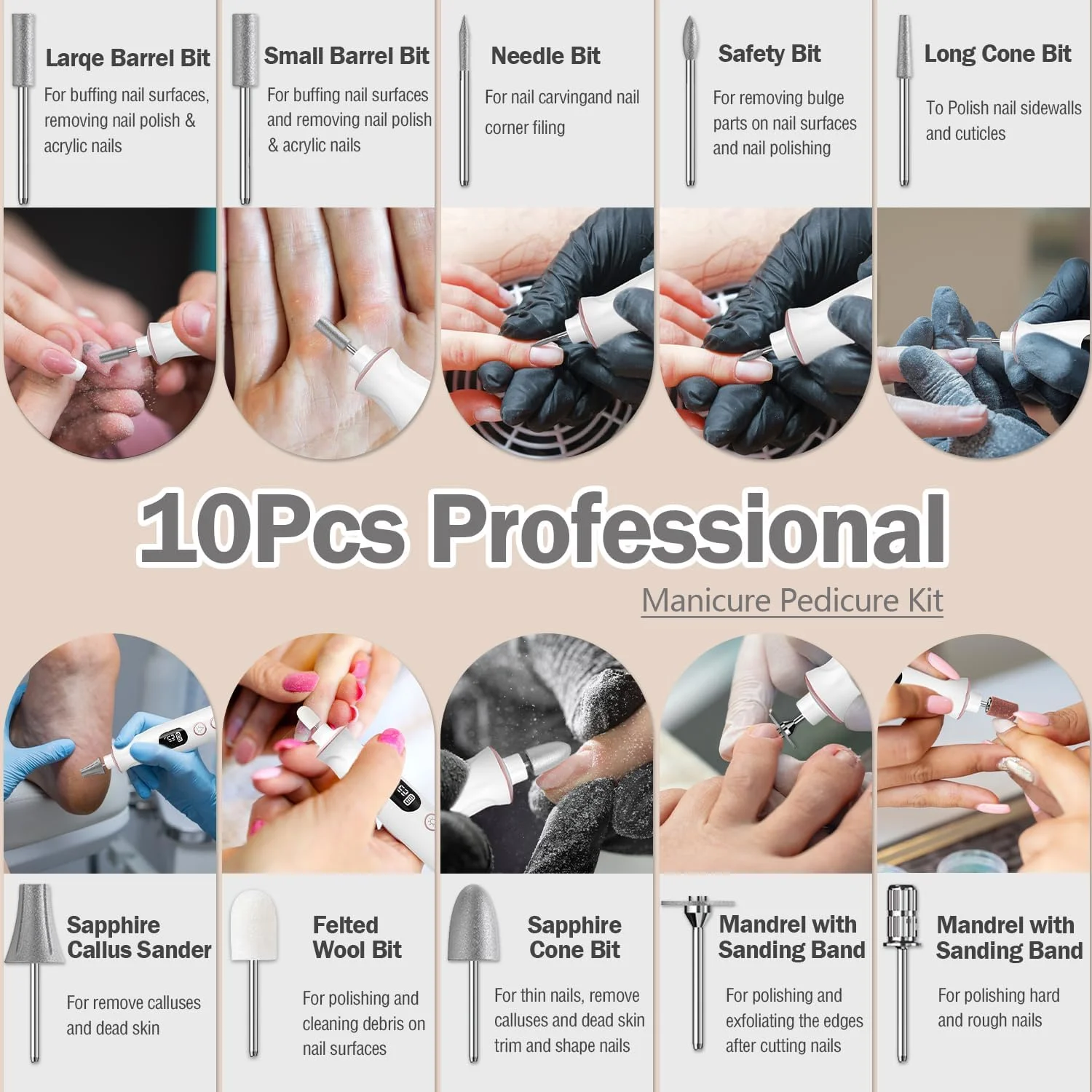 سوهان برقی ناخن، دریل ناخن بی سیم 10 سرعته با چراغ LED، کیت قابل حمل مانیکور پدیکور برای ناخن های ژلی آکریلیک، ناخن های ضخیم پا، سوهان ناخن، مراقبت از ناخن های طبیعی دست - 10 سری و 120 نوار سنباده