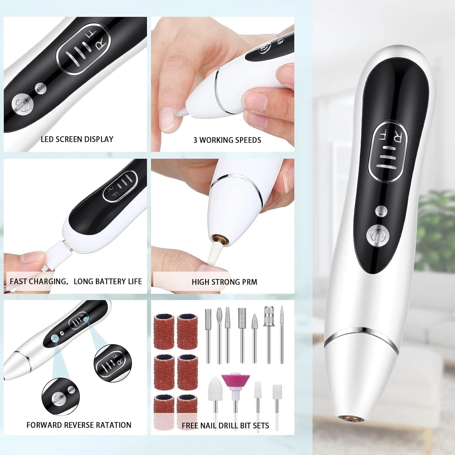 دستگاه سوهان برقی ناخن به همراه 11 سری مختلف و بی سیم با 3 سرعت قابل تنظیم، مناسب پدیکور، مانیکور، ناخن های ژلیش و استفاده در منزل دستگاه سوهان برقی ناخن به همراه 11 سری مختلف و بی سیم با 3 سرعت قابل تنظیم، مناسب پدیکور، مانیکور، ناخن های ژلیش و استفاده در منزل