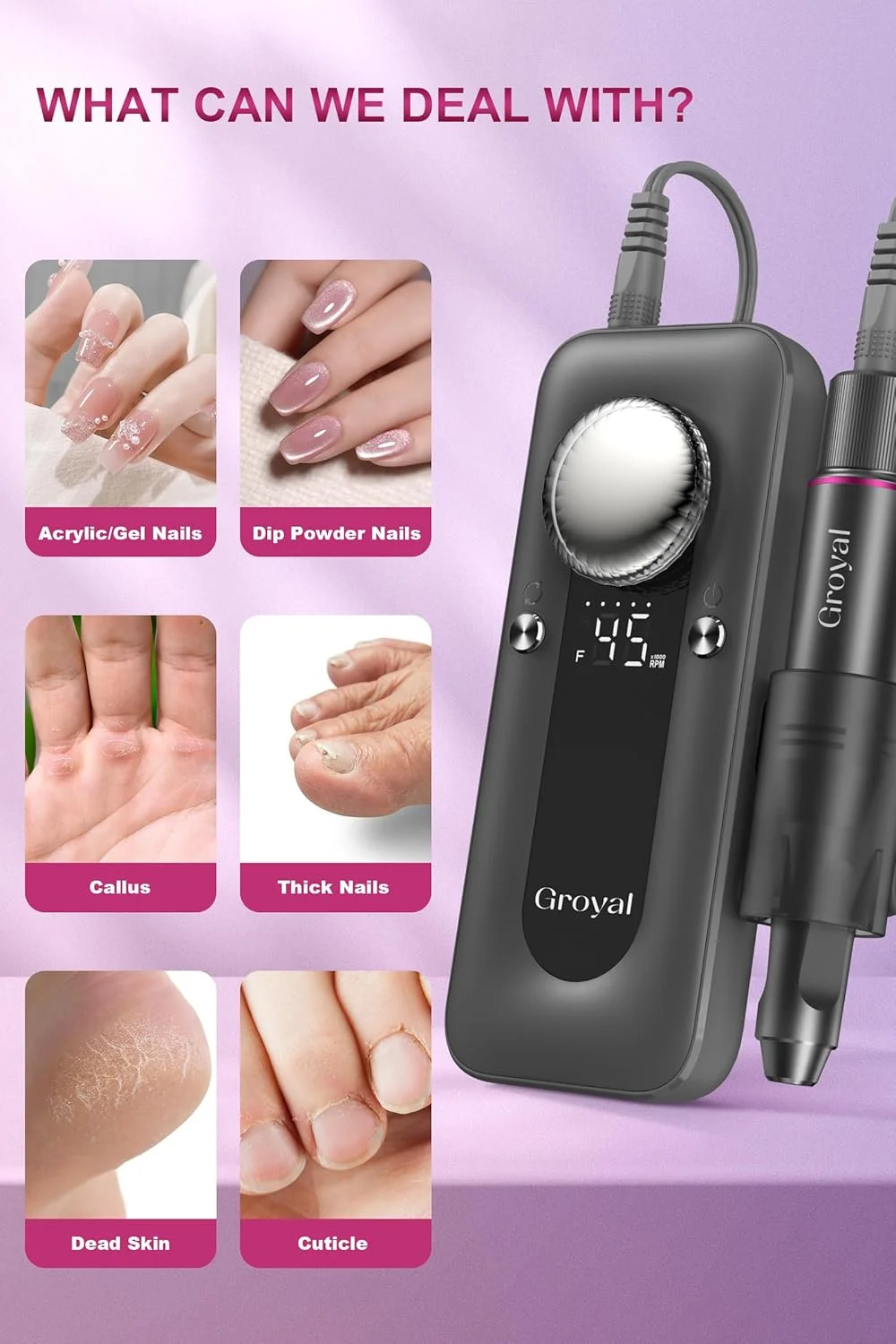 دستگاه سوهان برقی ناخن گرویال 45000 دور در دقیقه، بی سیم، قابل حمل و شارژ، مناسب برای ناخن های ژلی و اکریلیک دستگاه سوهان برقی ناخن گرویال 45000 دور در دقیقه، بی سیم، قابل حمل و شارژ، مناسب برای ناخن های ژلی و اکریلیک