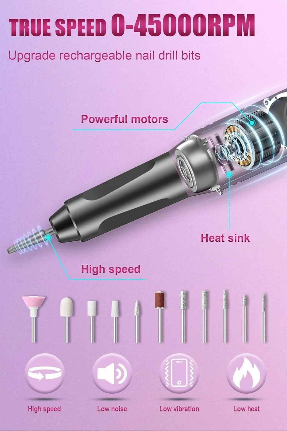 دستگاه سوهان برقی ناخن گرویال 45000 دور در دقیقه، بی سیم، قابل حمل و شارژ، مناسب برای ناخن های ژلی و اکریلیک دستگاه سوهان برقی ناخن گرویال 45000 دور در دقیقه، بی سیم، قابل حمل و شارژ، مناسب برای ناخن های ژلی و اکریلیک