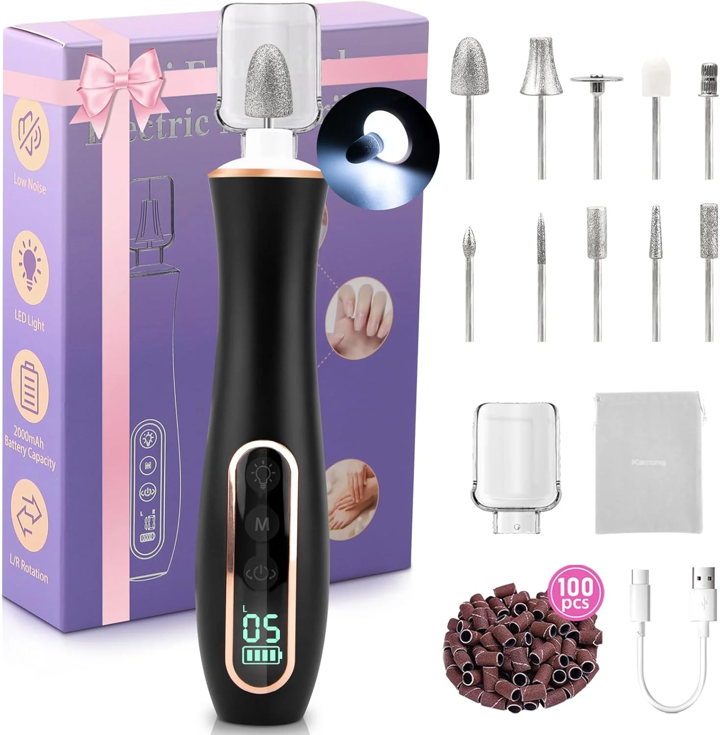 ست حرفه ای مانیکور و پدیکور Karrong، ست سوهان ناخن برقی بی سیم، دستگاه دریل ناخن با نور LED 360 درجه و صفحه نمایش LCD، 10 سرعت قابل تنظیم و قابل شارژ برای ناخن های ژلی و ناخن های ضخیم پا، مناسب هدیه