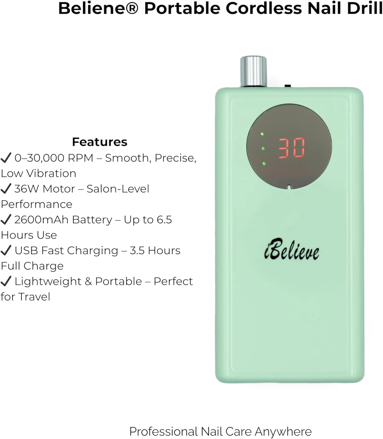 دستگاه سوهان برقی ناخن قابل حمل iBelieve – 30000 دور در دقیقه، با قابلیت کنترل سرعت، نگهدارنده هندپیس و گیره – توان 36 وات، باتری 2600 میلی آمپر ساعت – تغذیه از طریق USB دستگاه سوهان برقی ناخن قابل حمل iBelieve – 30000 دور در دقیقه، با قابلیت کنترل سرعت، نگهدارنده هندپیس و گیره – توان 36 وات، باتری 2600 میلی آمپر ساعت – تغذیه از طریق USB