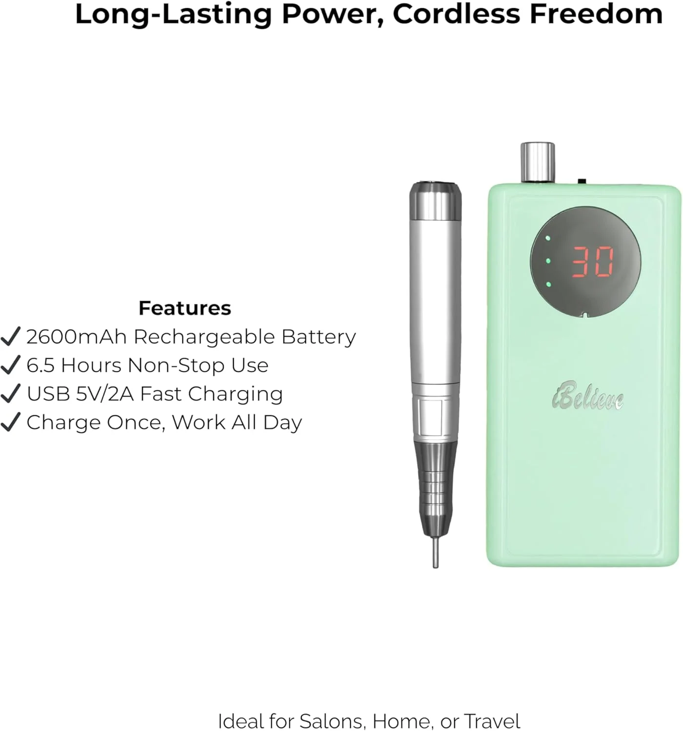 دستگاه سوهان برقی ناخن قابل حمل iBelieve – 30000 دور در دقیقه، با قابلیت کنترل سرعت، نگهدارنده هندپیس و گیره – توان 36 وات، باتری 2600 میلی آمپر ساعت – تغذیه از طریق USB دستگاه سوهان برقی ناخن قابل حمل iBelieve – 30000 دور در دقیقه، با قابلیت کنترل سرعت، نگهدارنده هندپیس و گیره – توان 36 وات، باتری 2600 میلی آمپر ساعت – تغذیه از طریق USB