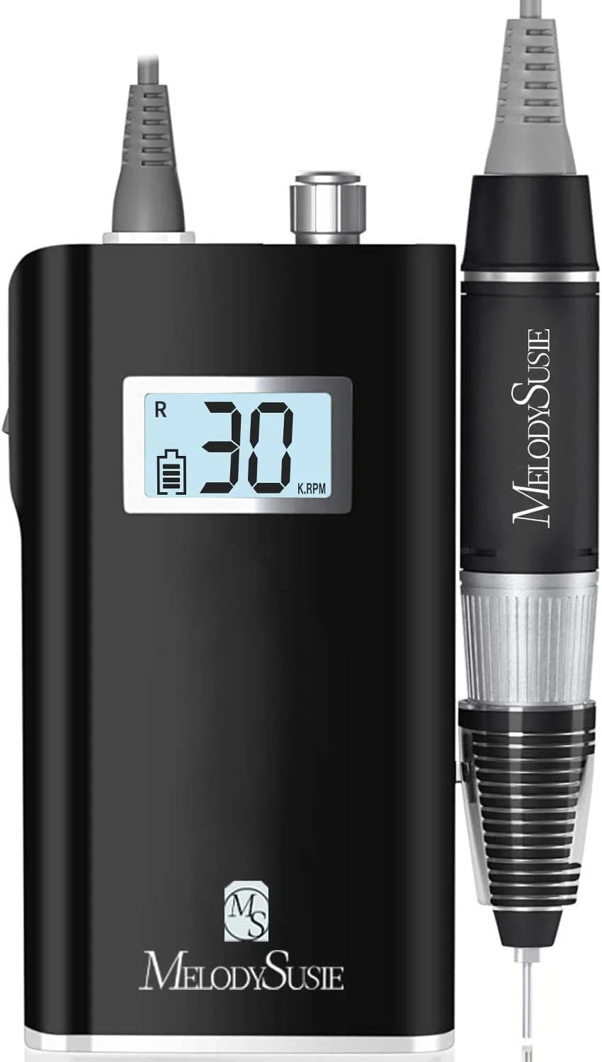 دستگاه سوهان برقی ناخن حرفه ای قابل شارژ MelodySusie با سرعت 30000 دور در دقیقه، SC320H قابل حمل، ابزار آسیاب ژل اکریلیک با 6 سری و نوارهای سنباده برای مانیکور پدیکور، حکاکی و پولیش (مشکی)