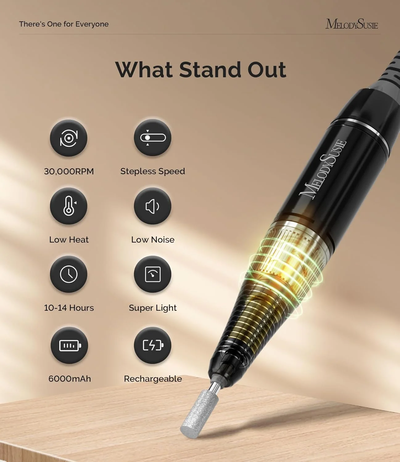 دستگاه سوهان برقی ناخن حرفه ای قابل شارژ MelodySusie با سرعت 30000 دور در دقیقه، SC320H قابل حمل، ابزار آسیاب ژل اکریلیک با 6 سری و نوارهای سنباده برای مانیکور پدیکور، حکاکی و پولیش (مشکی)