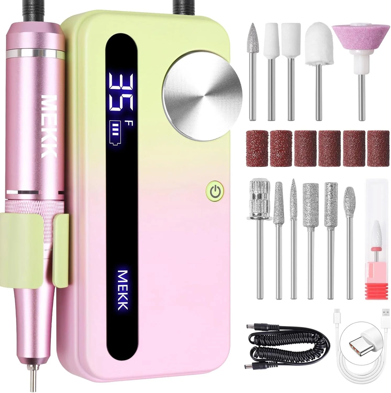 دستگاه سوهان برقی ناخن حرفه ای MEKK، 35000 دور در دقیقه، بی سیم، به همراه 12 عدد سری، ضد لرزش، قابل شارژ، مناسب برای ناخن های اکریلیک، استفاده در منزل و سالن (صورتی-سبز)