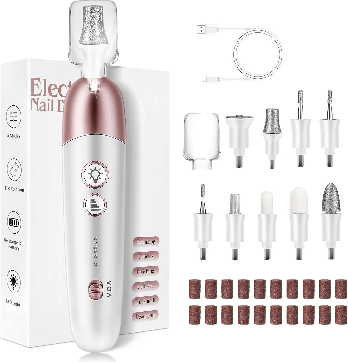 ست مانیکور و پدیکور با 9 سری، سوهان برقی قابل حمل 2000 میلی آمپر ساعتی، ناخن گیر برقی قابل شارژ با 5 سرعت و چراغ LED، ست مراقبت از ناخن برای ناخن های ژلی و ناخن های اکریلیک
