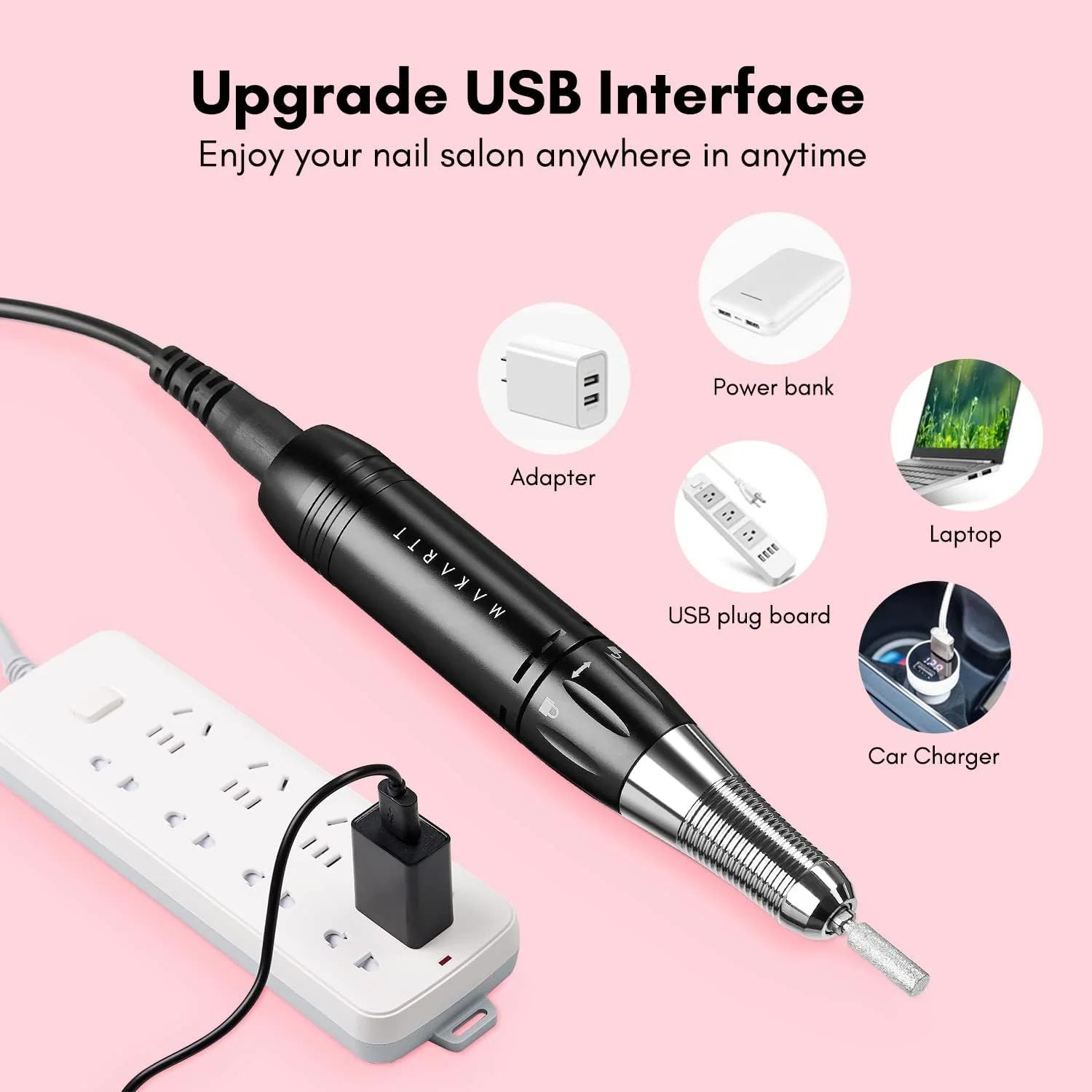 دستگاه سوهان ناخن قابل حمل Makartt Stefy، کیت سوهان برقی دستی برای ناخن های اکریلیک، ابزار پولیش و شکل دهی مانیکور پدیکور برای استفاده در منزل و سالن، مشکی USB