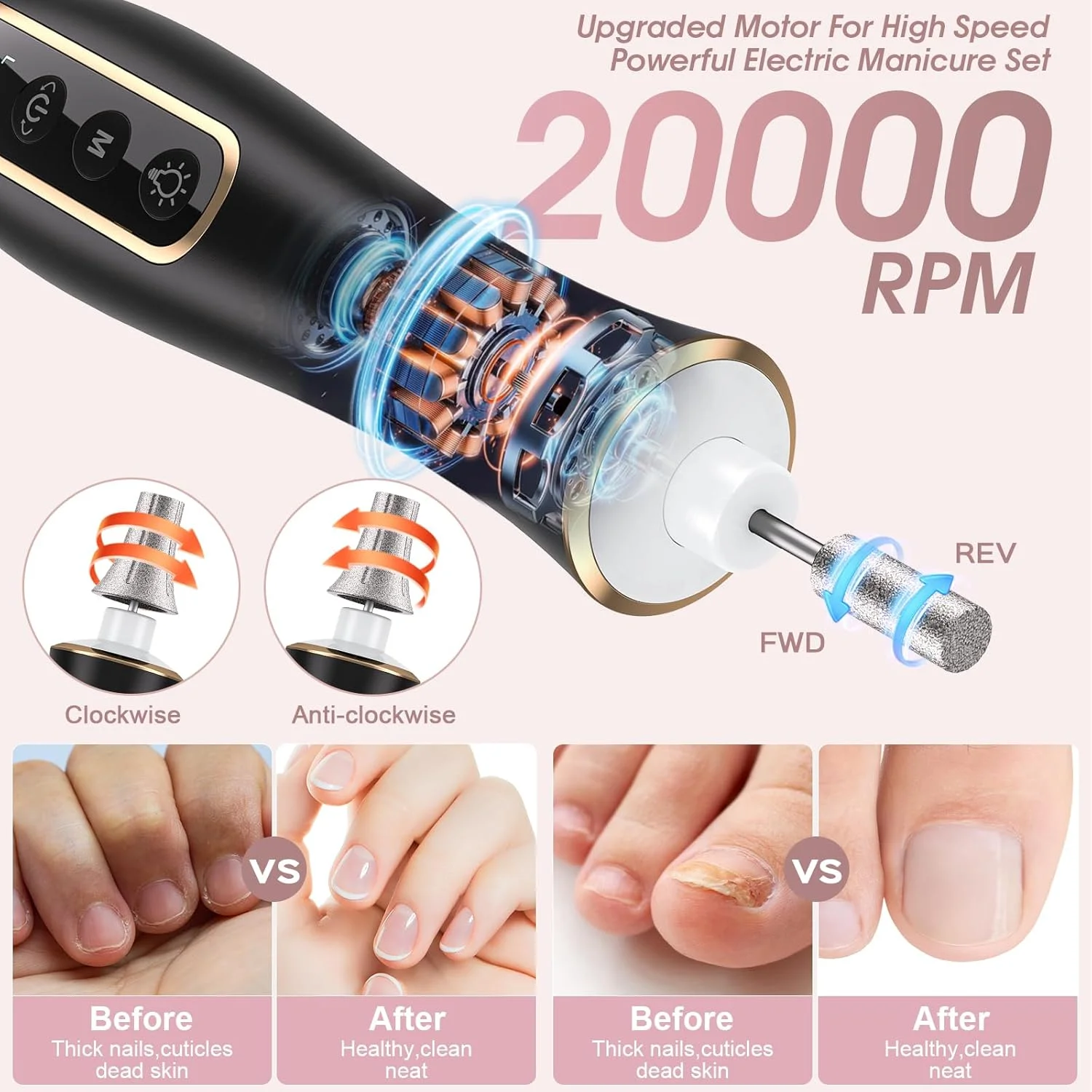 دستگاه سوهان برقی ناخن Hoxida، ست حرفه ای مانیکور پدیکور، ست سوهان برقی ناخن شارژی، ابزار پدیکور شارژی برای پا، سوهان برقی ناخن مراقبت از پا و دست با 3 سرعت و نور LED 360 درجه - مشکی