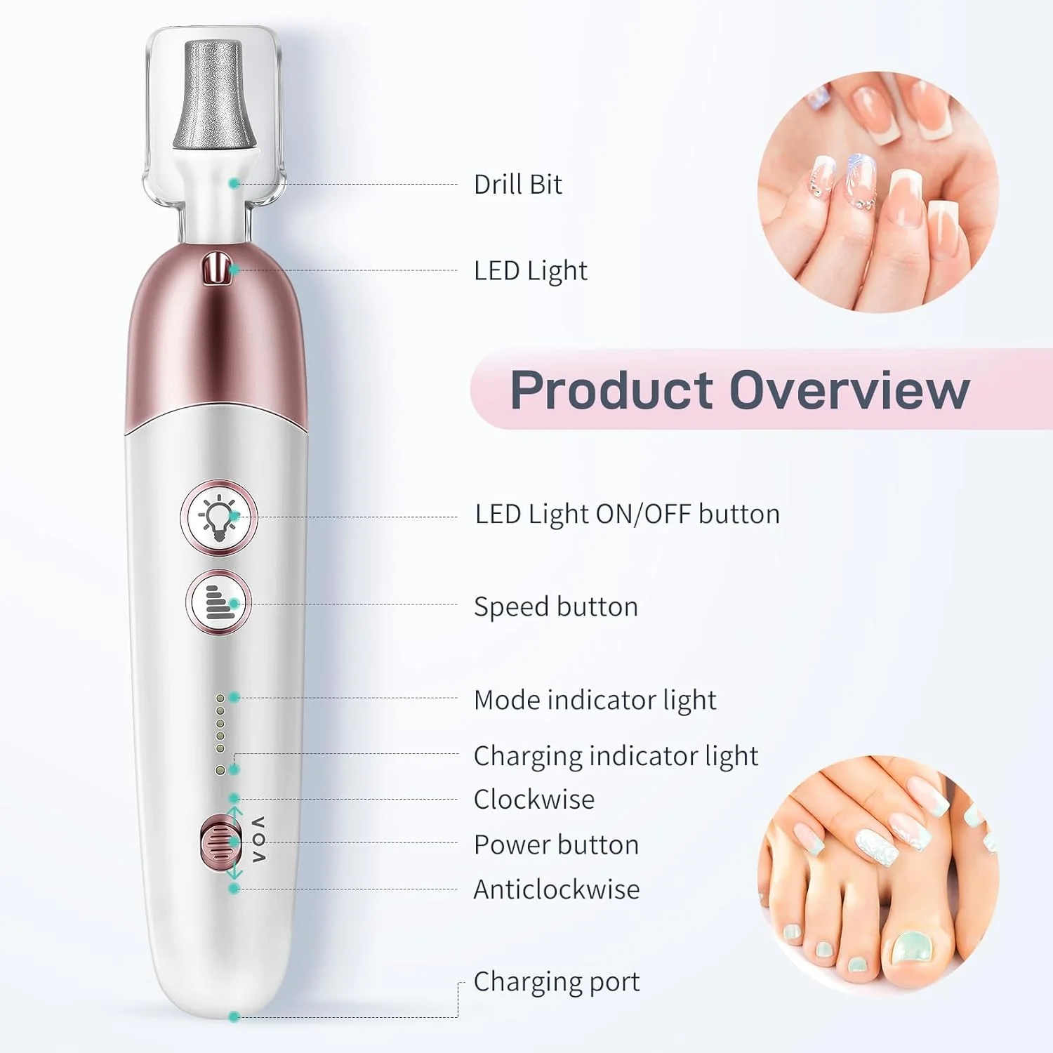 ست مانیکور و پدیکور با 9 سری، سوهان برقی قابل حمل 2000 میلی آمپر ساعتی، ناخن گیر برقی قابل شارژ با 5 سرعت و چراغ LED، ست مراقبت از ناخن برای ناخن های ژلی و ناخن های اکریلیک