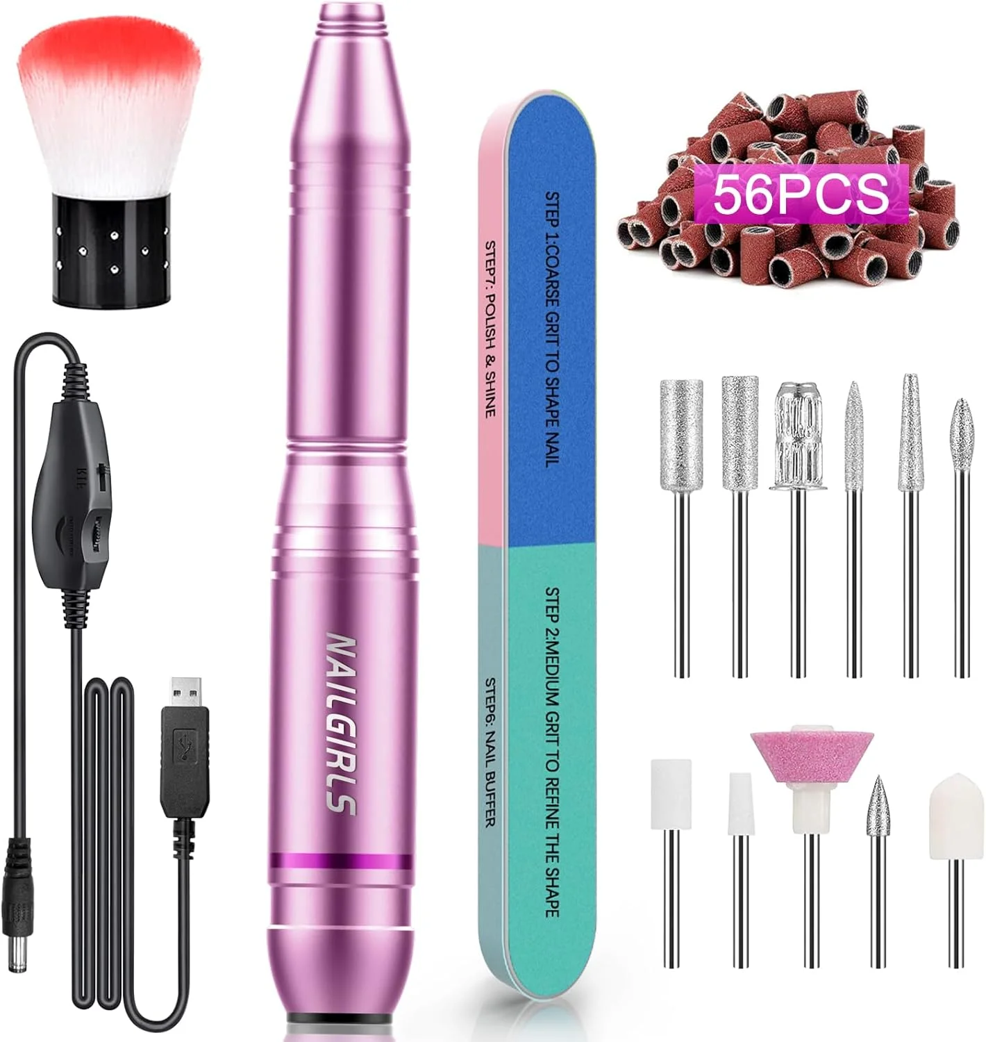 سوهان برقی ناخن، دریل ناخن قابل حمل USB 25000 دور در دقیقه، دستگاه دریل ناخن حرفه ای برای ناخن های ژلی آکریلیک، ابزارهای پولیش، شکل دهی، مانیکور و پدیکور برای استفاده در سالن منزل (صورتی)