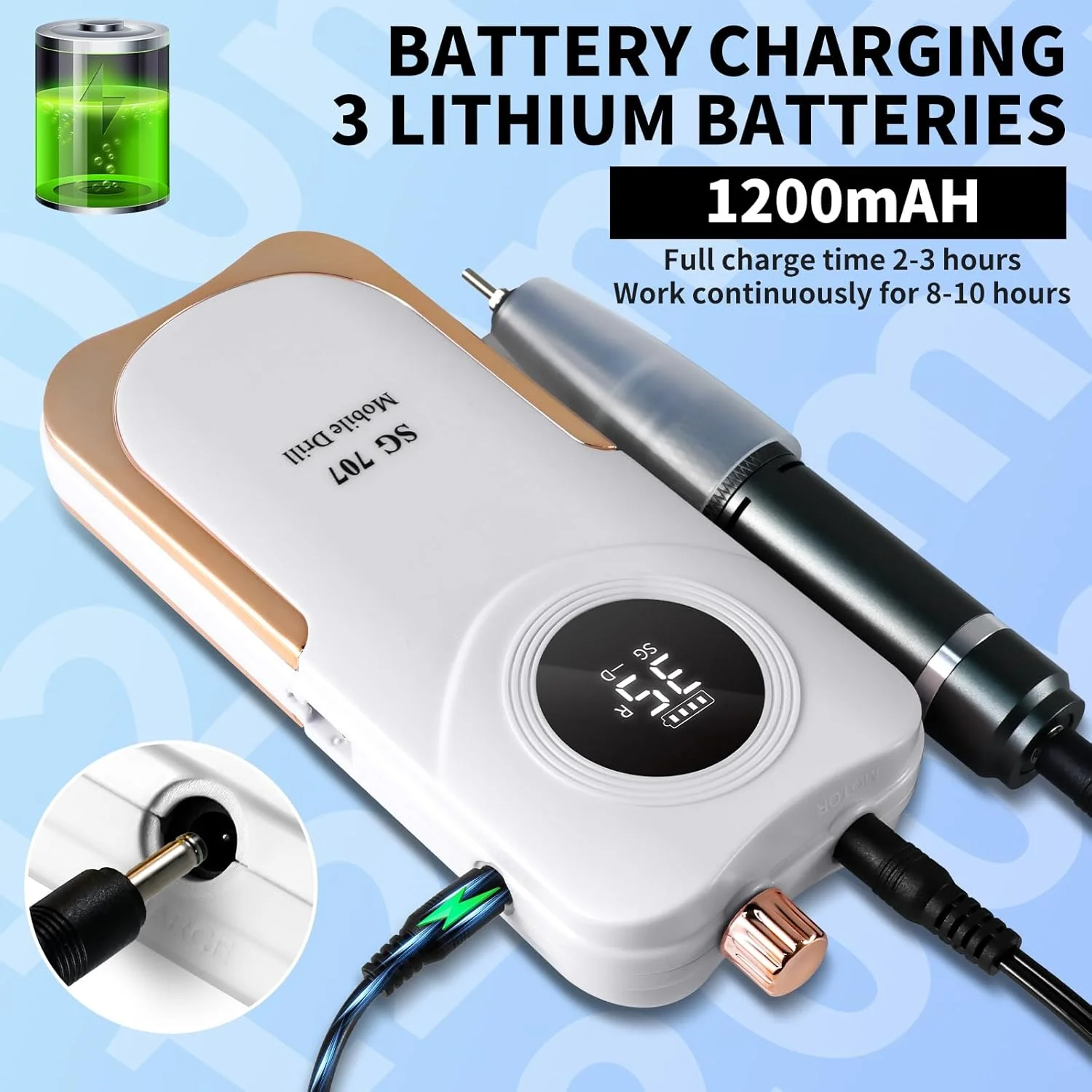 دستگاه سوهان ناخن قابل حمل بی سیم، 35000 دور در دقیقه، سوهان برقی ناخن با پایه نگهدارنده، سوهان ناخن شارژی برقی برای ناخن، ابزار درمل ناخن برقی برای بانوان (سفید)