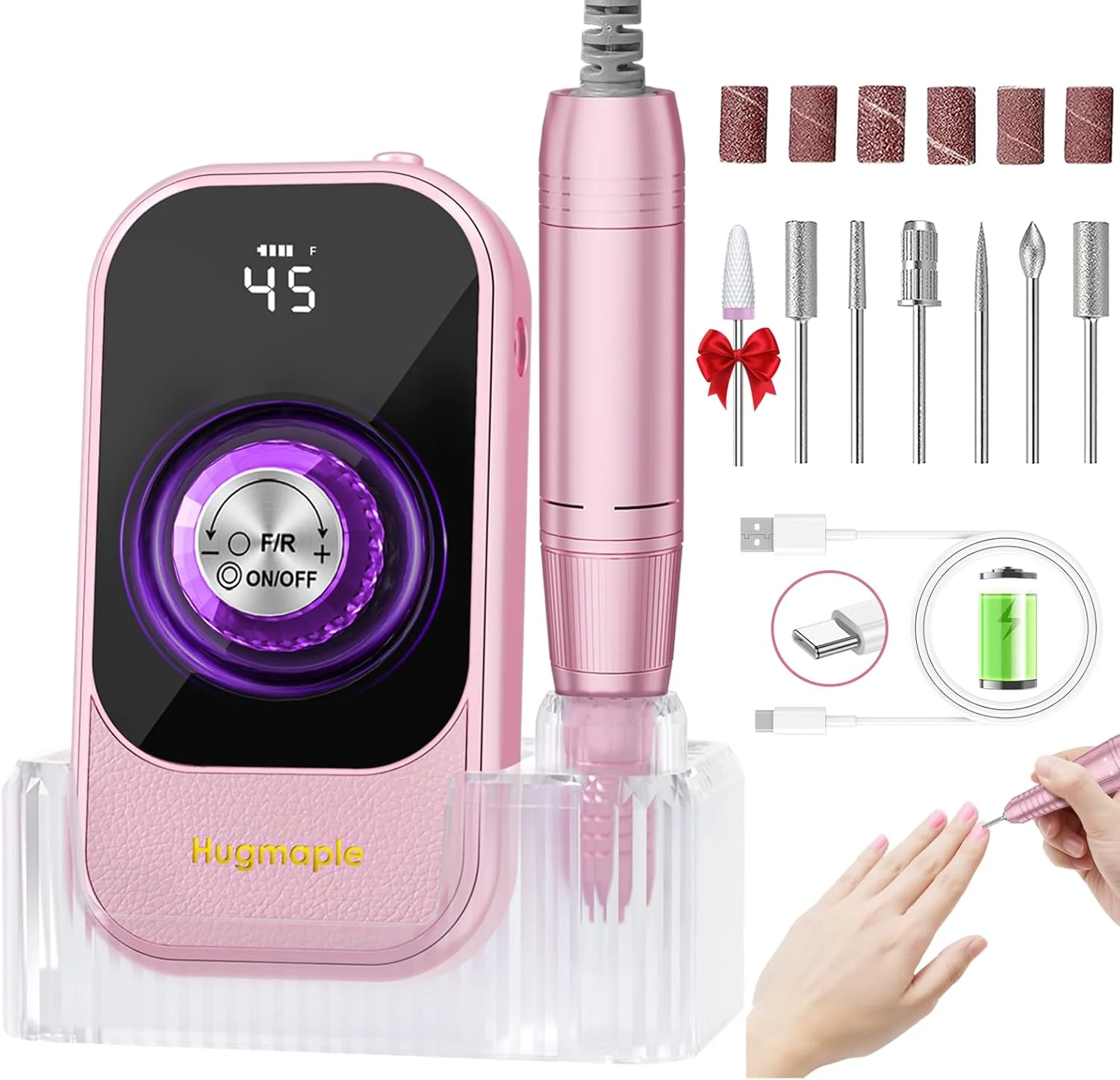 دستگاه سوهان برقی ناخن حرفه ای، دستگاه قابل حمل 45000 دور در دقیقه HUGMAPLE با متعلقات و پایه، کیت سوهان ناخن شارژی بی سیم برای شکل دادن، برداشتن و پولیش ناخن های ژلی برای استفاده در سالن و منزل