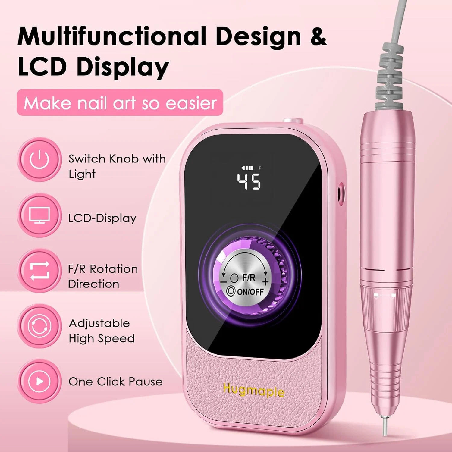 دستگاه سوهان برقی ناخن حرفه ای، دستگاه قابل حمل 45000 دور در دقیقه HUGMAPLE با متعلقات و پایه، کیت سوهان ناخن شارژی بی سیم برای شکل دادن، برداشتن و پولیش ناخن های ژلی برای استفاده در سالن و منزل