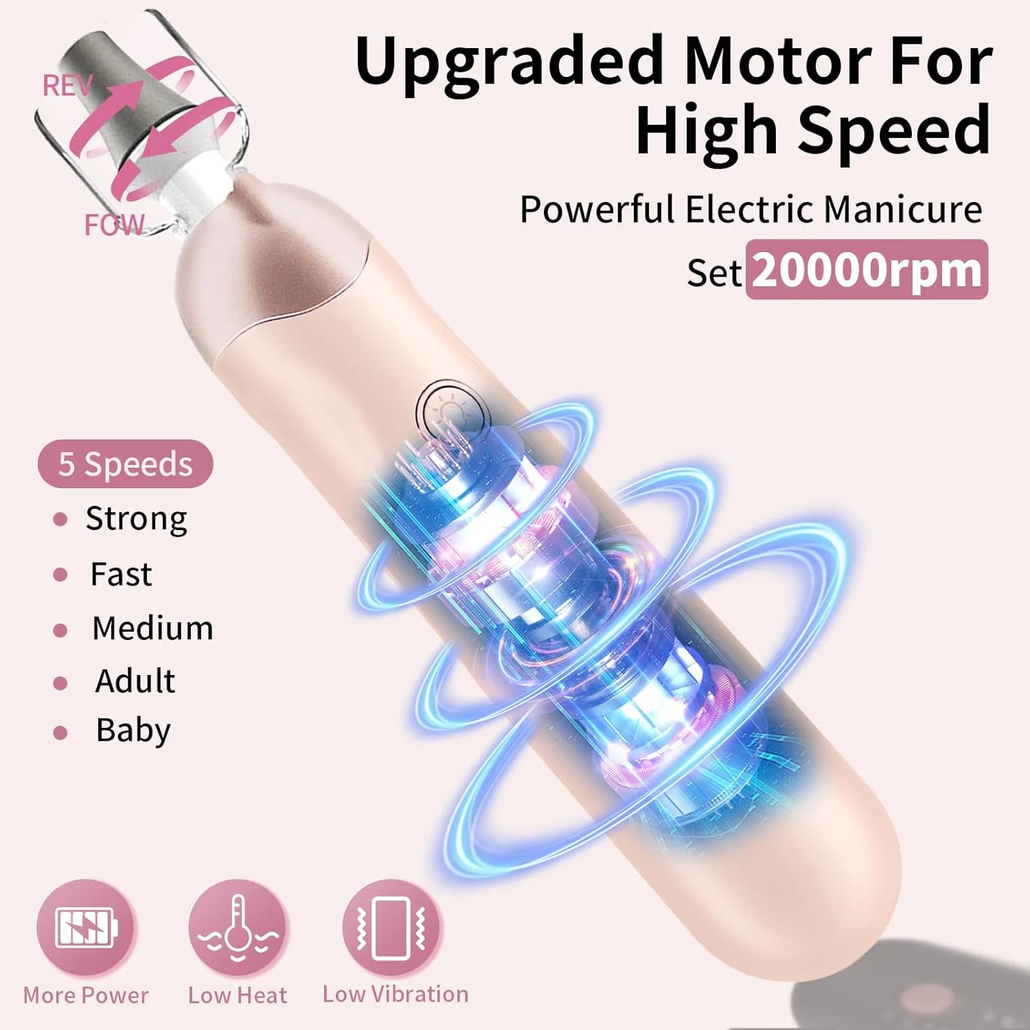 ست حرفه ای مانیکور و پدیکور، ست سوهان برقی ناخن بدون سیم، ابزار پدیکور قابل شارژ برای پا، مته ناخن مراقبت از پا و دست با 5 سرعت برای ناخن های ضخیم، پوست های مرده، مناسب برای زنان، مردان، نوزادان و حیوانات خانگی - رزگلد