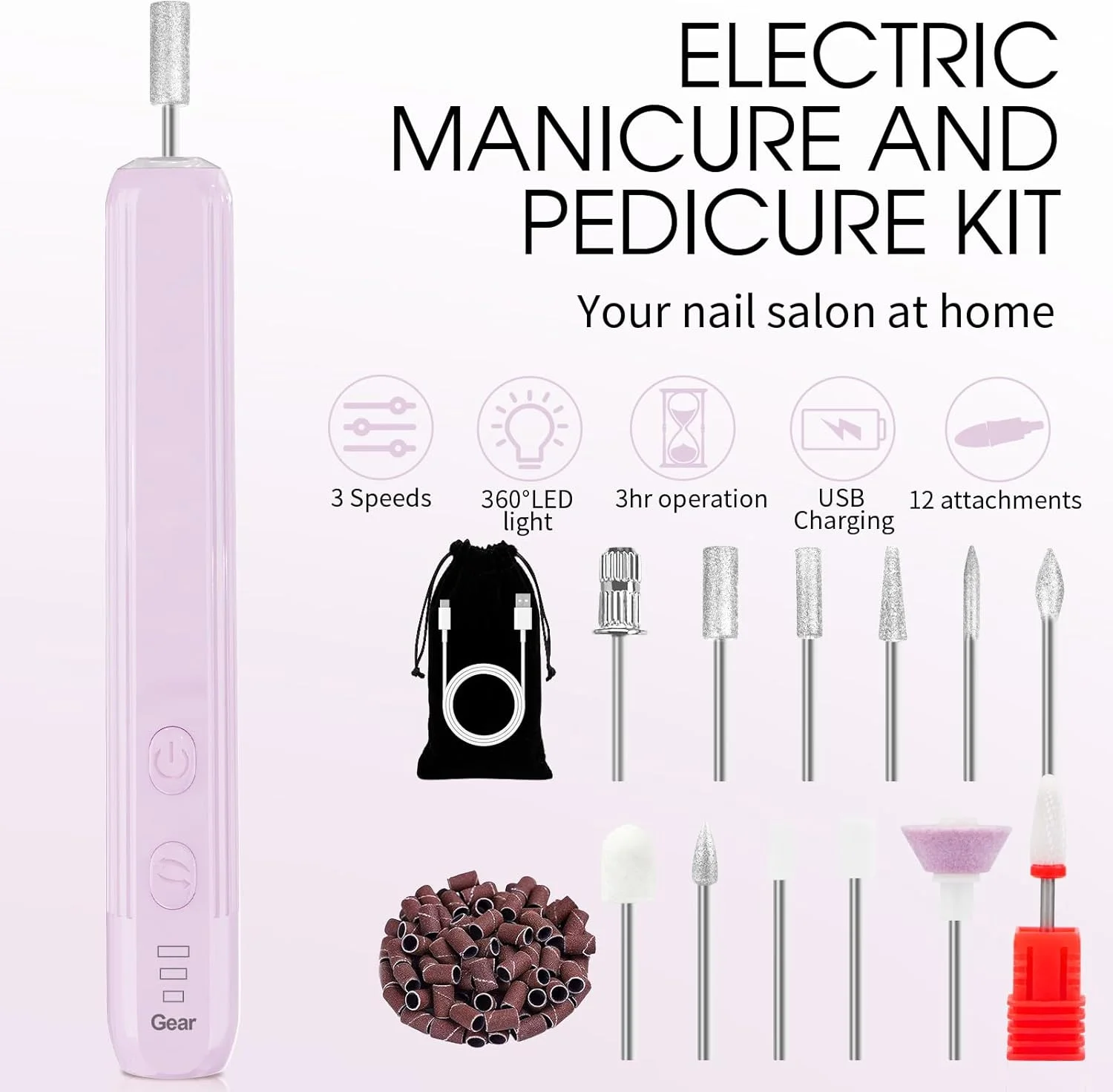 ست مانیکور و پدیکور حرفه ای - چراغ 360 درجه، دریل برقی ناخن شارژی، ست سوهان برقی ناخن بی سیم، 3 سرعت مراقبت از دست و پا دریل ناخن برای ناخن های ضخیم کوتیکول ناخن پا
