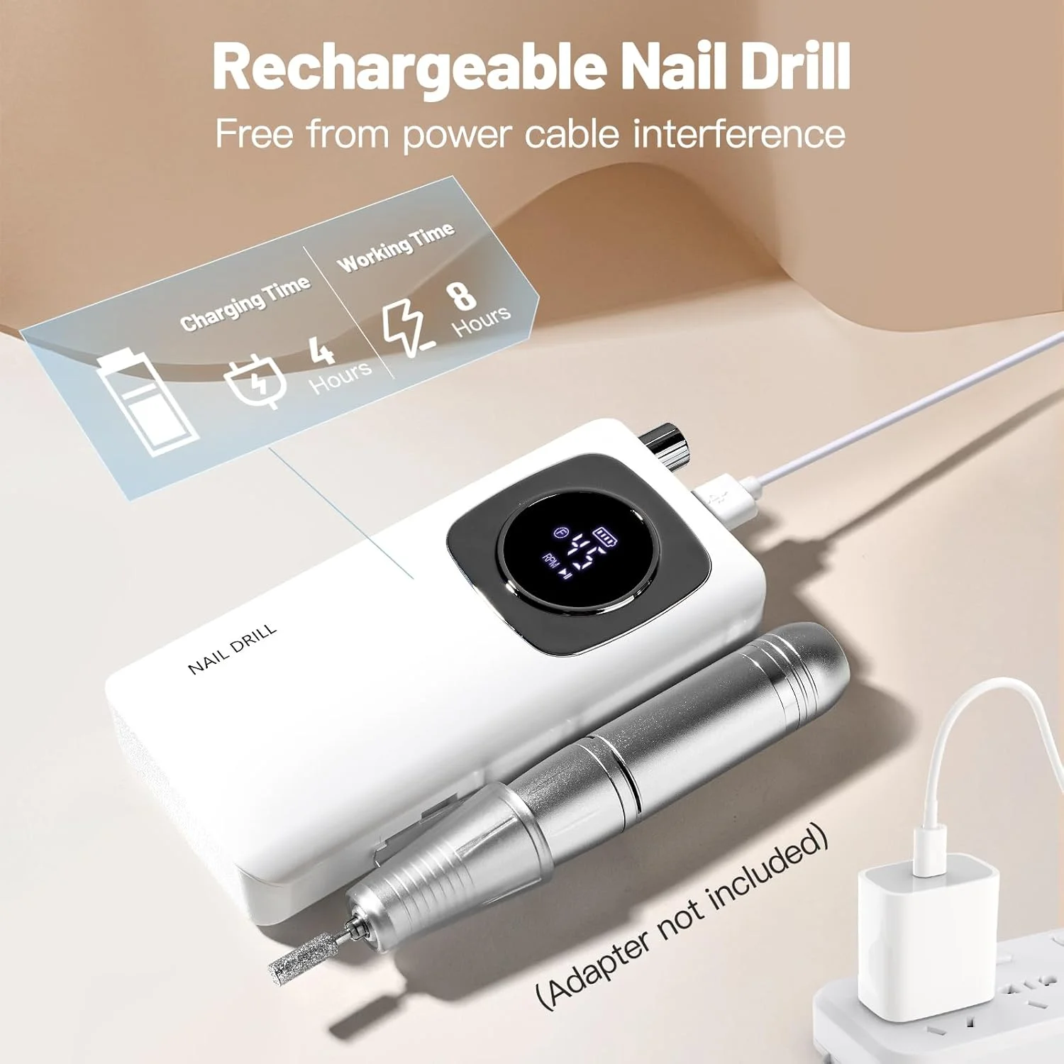 سوهان برقی ناخن شارژی حرفه ای: Madenia 45000RPM ست قابل حمل سوهان برقی ناخن، دستگاه سوهان ناخن بی سیم برای استفاده در منزل و سالن برای ناخن های ژلی آکریلیک (سفید)