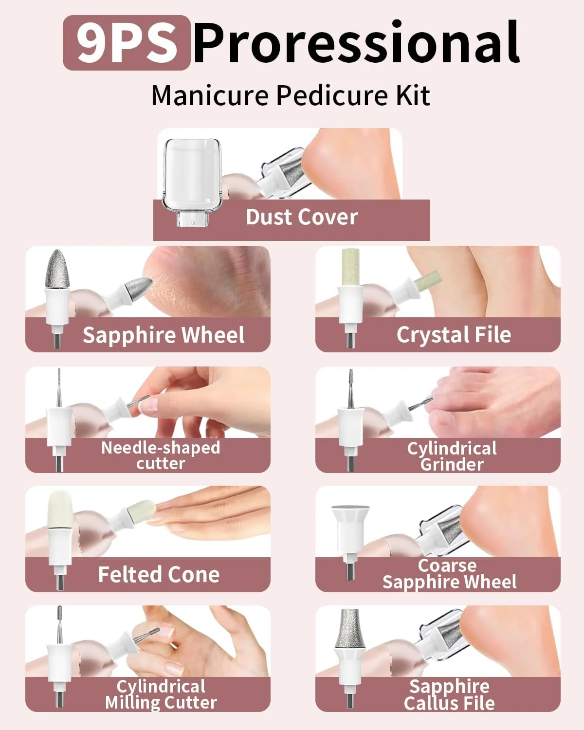 ست حرفه ای مانیکور و پدیکور، ست سوهان برقی ناخن بدون سیم، ابزار پدیکور قابل شارژ برای پا، مته ناخن مراقبت از پا و دست با 5 سرعت برای ناخن های ضخیم، پوست های مرده، مناسب برای زنان، مردان، نوزادان و حیوانات خانگی - رزگلد