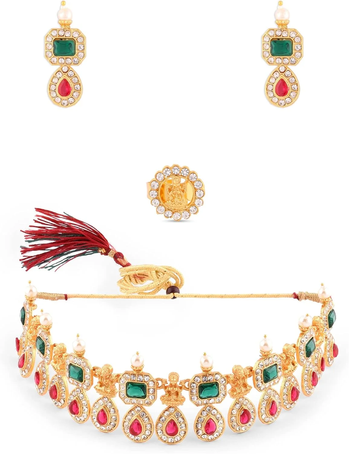 زیوری پرلز ست گردنبند، گوشواره و انگشتر طرح معبد لاکشمی با سنگ های سبز و صورتی - ZPFK14437