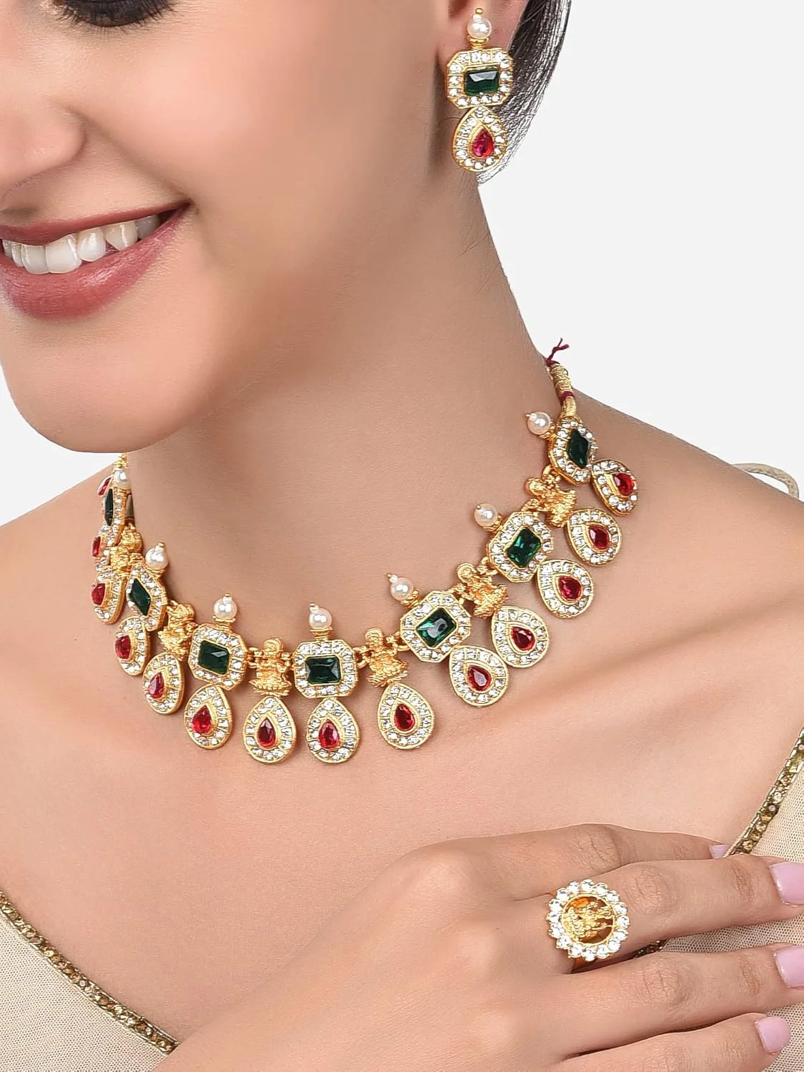 زیوری پرلز ست گردنبند، گوشواره و انگشتر طرح معبد لاکشمی با سنگ های سبز و صورتی - ZPFK14437 زیوری پرلز ست گردنبند، گوشواره و انگشتر طرح معبد لاکشمی با سنگ های سبز و صورتی - ZPFK14437