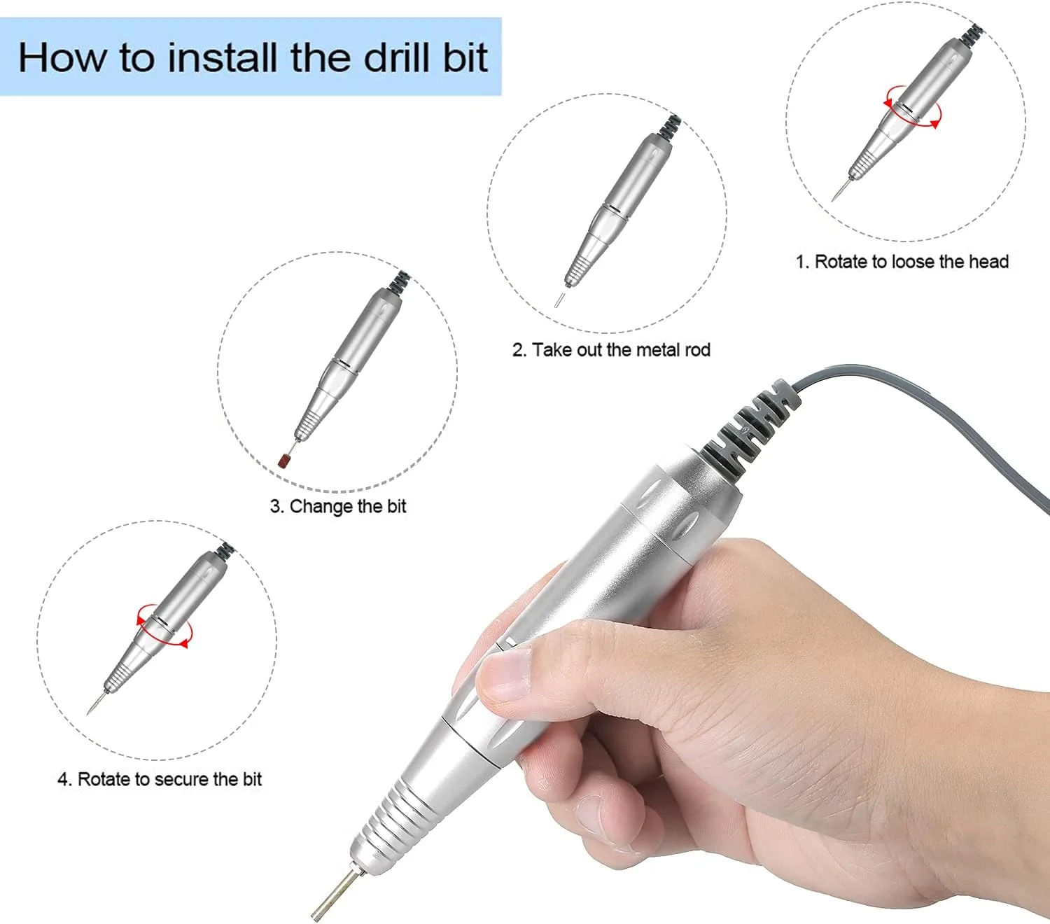 دسته دریل، دسته قلم دریل برقی حرفه ای برای هنر ناخن، ابزار پولیش و سنگ زنی، ابزار مانیکور و پدیکور، لوازم جانبی هنر ناخن - نقره ای دسته دریل، دسته قلم دریل برقی حرفه ای برای هنر ناخن، ابزار پولیش و سنگ زنی، ابزار مانیکور و پدیکور، لوازم جانبی هنر ناخن - نقره ای