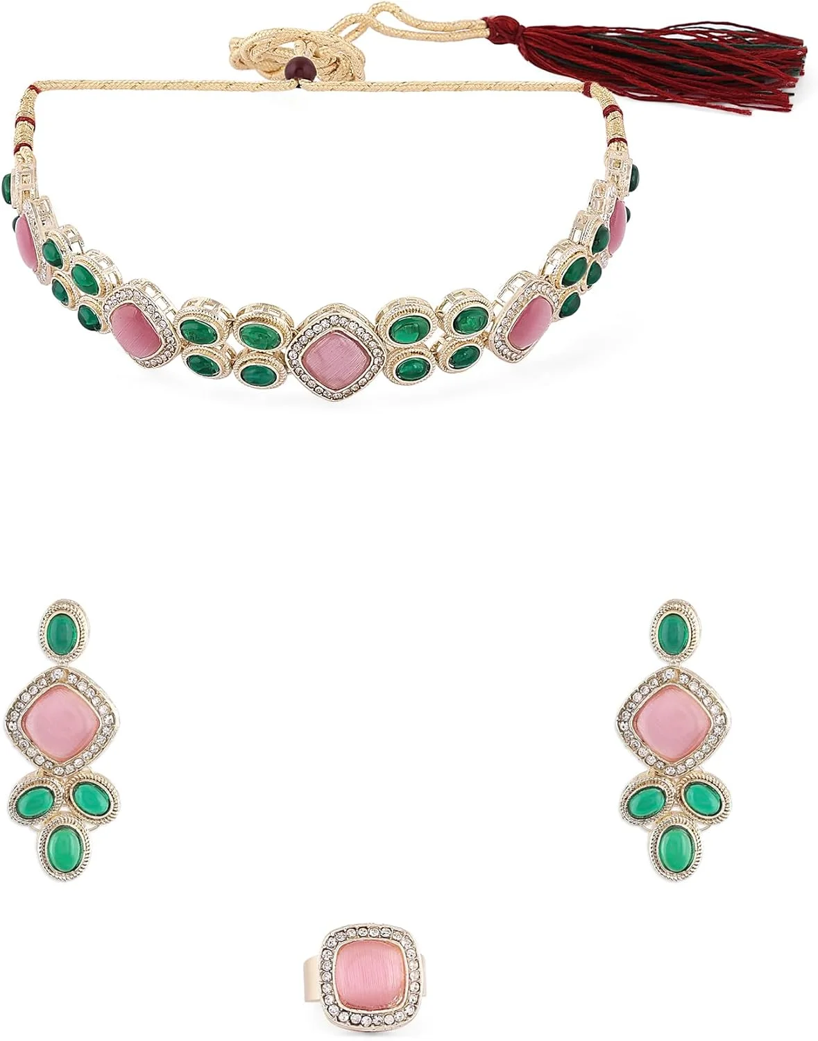 زیورآلات مروارید زاوری، ست گردنبند چوکر، گوشواره و انگشتر نگین دار زنانه مدل ZPFK16578