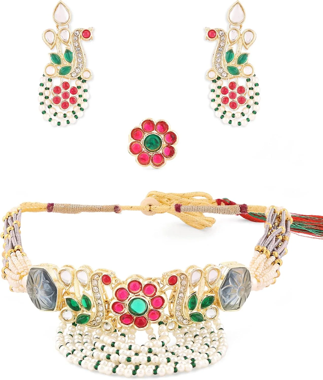 زیوری پرلز گردنبند چوکر چند رنگ Kundan و مهره دار با الهام از طاووس به همراه گوشواره و انگشتر زنانه - ZPFK14705