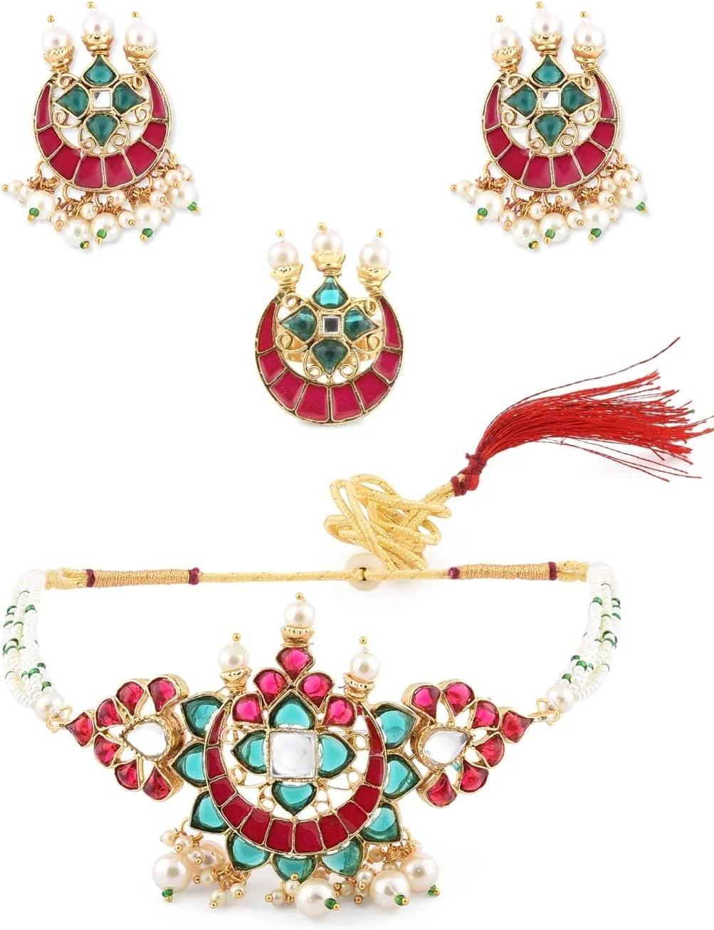 زیوری پرلز، ست گردنبند چوکر چند رشته ای سبز و صورتی Kundan به همراه گوشواره و انگشتر زنانه - ZPFK11441