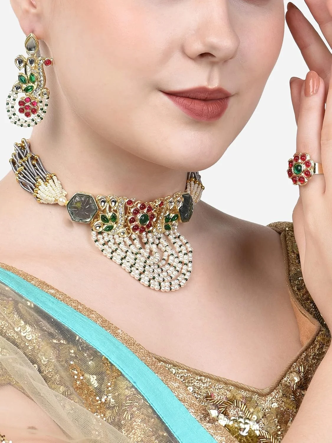 زیوری پرلز گردنبند چوکر چند رنگ Kundan و مهره دار با الهام از طاووس به همراه گوشواره و انگشتر زنانه - ZPFK14705 زیوری پرلز گردنبند چوکر چند رنگ Kundan و مهره دار با الهام از طاووس به همراه گوشواره و انگشتر زنانه - ZPFK14705