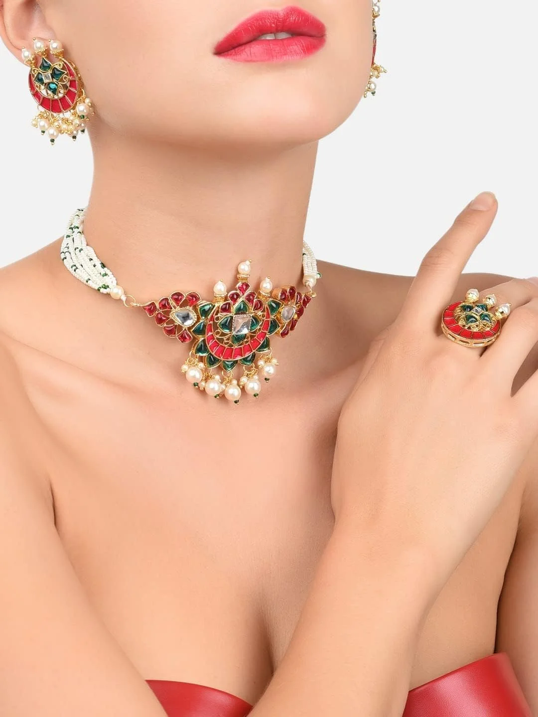 زیوری پرلز، ست گردنبند چوکر چند رشته ای سبز و صورتی Kundan به همراه گوشواره و انگشتر زنانه - ZPFK11441 زیوری پرلز، ست گردنبند چوکر چند رشته ای سبز و صورتی Kundan به همراه گوشواره و انگشتر زنانه - ZPFK11441