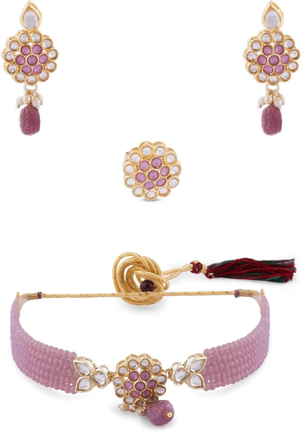 زیوری پرلز، ست گردنبند چوکر کریستالی چند رشته بنفش، گوشواره و انگشتر زنانه - ZPFK14835