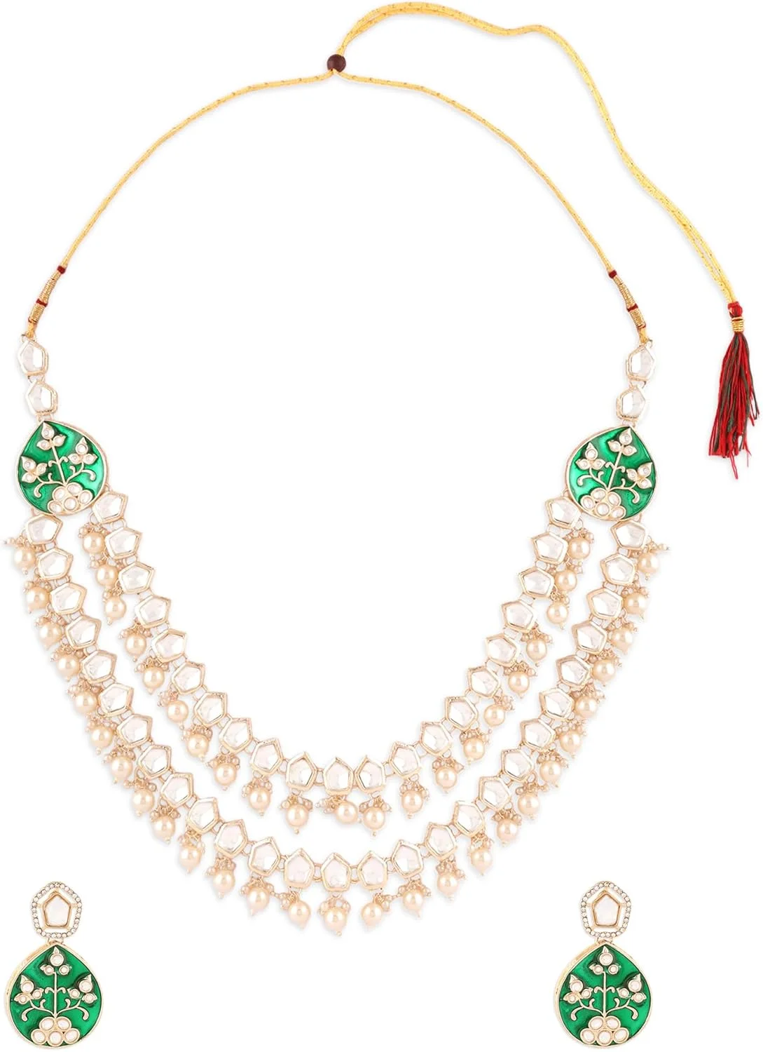 زیوری پرلز، ست گردنبند لایه ای نگین دار و گوشواره کندن با میناکاری سبز و سنگ های درخشان و مهره، مناسب بانوان - ZPFK17322