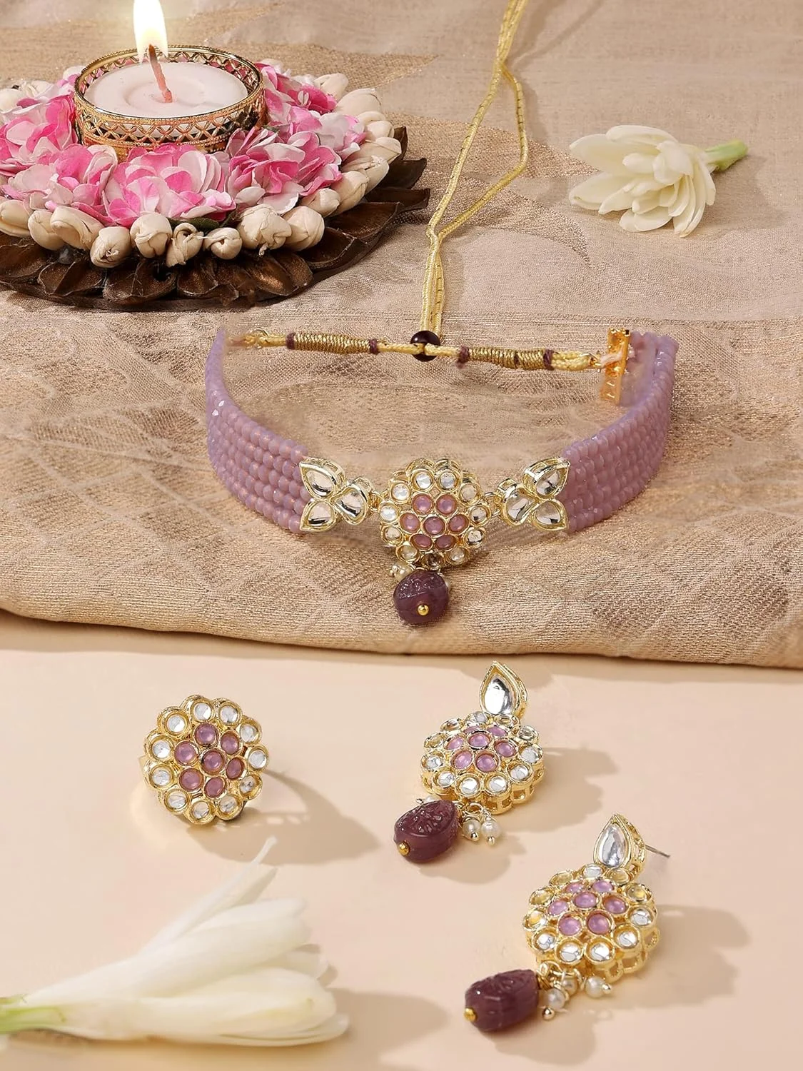 زیوری پرلز، ست گردنبند چوکر کریستالی چند رشته بنفش، گوشواره و انگشتر زنانه - ZPFK14835 زیوری پرلز، ست گردنبند چوکر کریستالی چند رشته بنفش، گوشواره و انگشتر زنانه - ZPFK14835