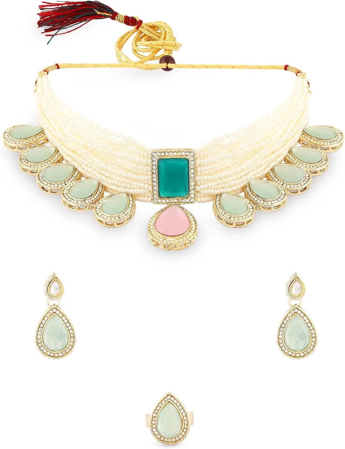نیم ست گردنبند چند رشته ای مهره دار، گوشواره و انگشتر زنانه با سنگ های سبز و صورتی ZAVERI PEARLS مدل ZPFK17600