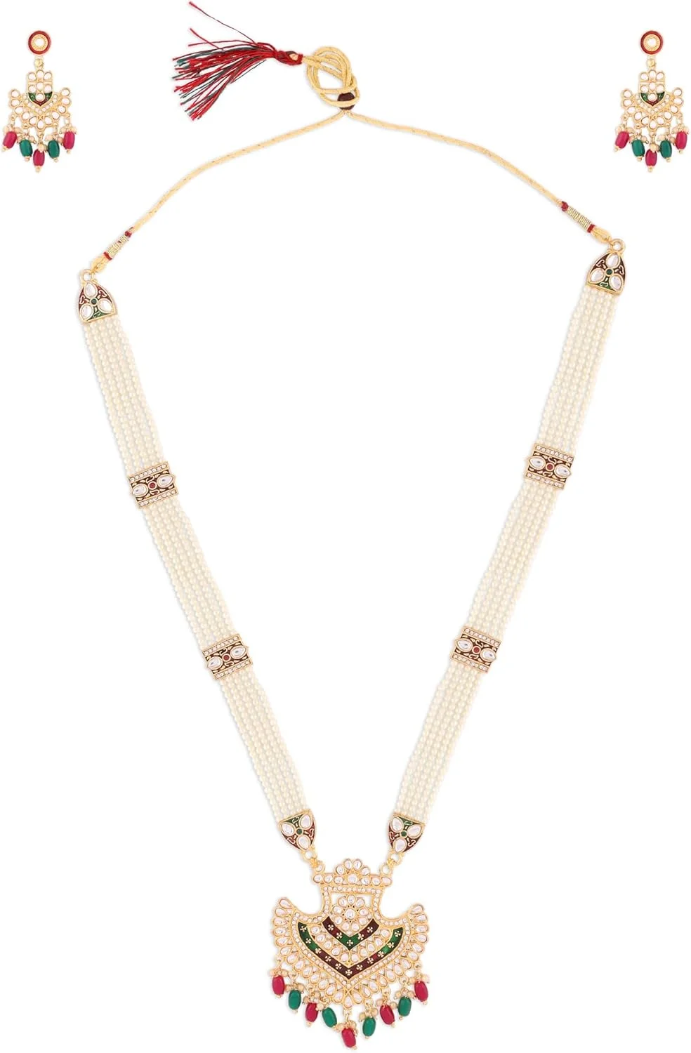زیوری پرلز ست گردنبند و گوشواره چند رشته ای مروارید میناکاری قرمز و سبز عروس برای بانوان - ZPFK14474