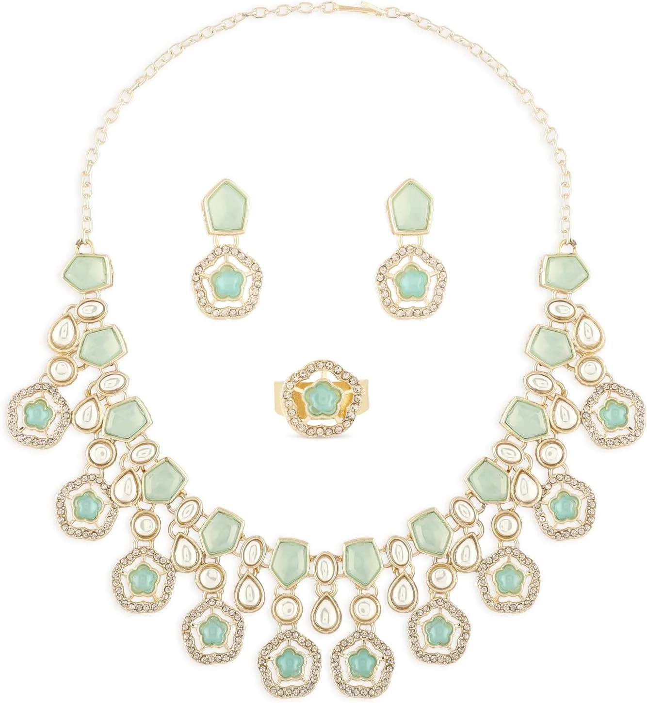 زیوری پیرلز، ست گردنبند، گوشواره و انگشتر مزین به نگین های اتریشی و سنگ های مصنوعی به رنگ سبز نعنایی برای بانوان - ZPFK17098