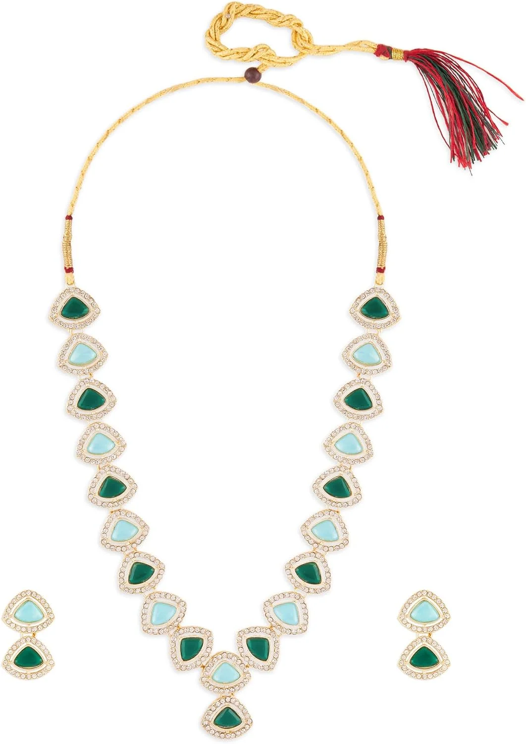 گردنبند و گوشواره نگین دار فیروزه ای آبی و سبز ZAVERI PEARLS با الماس های اتریشی درخشان برای زنان - ZPFK18025