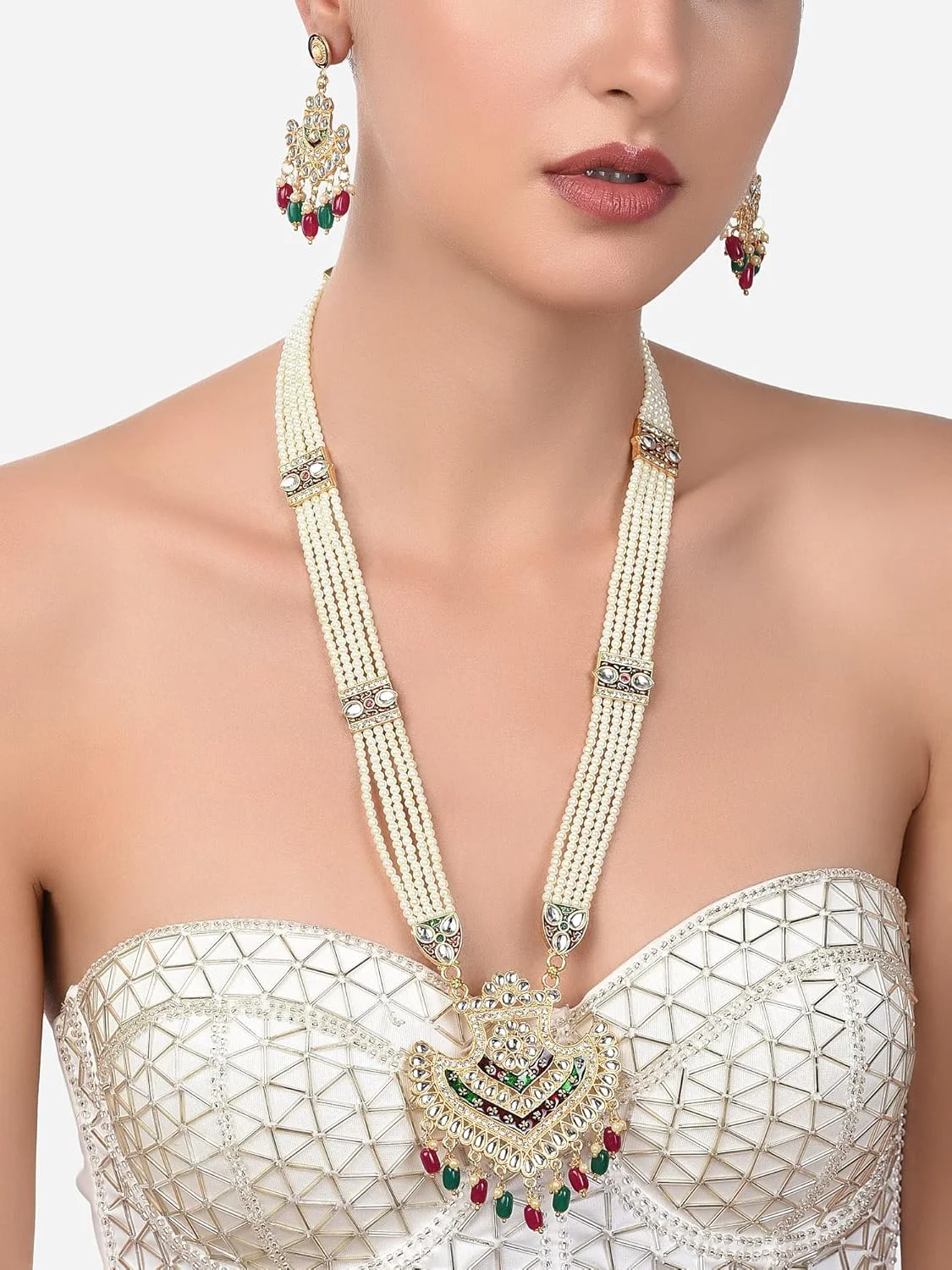 زیوری پرلز ست گردنبند و گوشواره چند رشته ای مروارید میناکاری قرمز و سبز عروس برای بانوان - ZPFK14474 زیوری پرلز ست گردنبند و گوشواره چند رشته ای مروارید میناکاری قرمز و سبز عروس برای بانوان - ZPFK14474