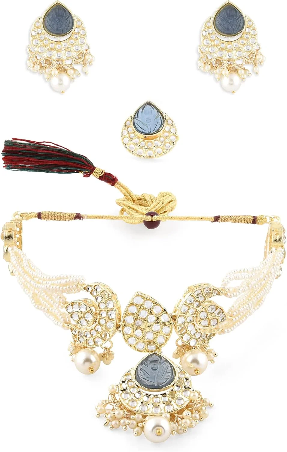 گردنبند چوکر مرواریدی چند رشته ای با سنگ های خاکستری و گوشواره و انگشتر زنانه Zaveri Pearls مدل ZPFK14629