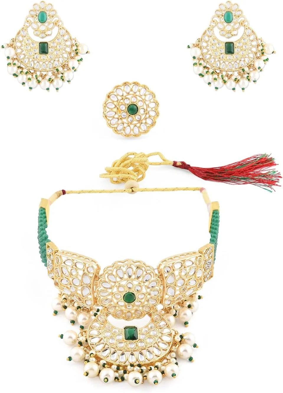 نیم ست گردنبند چوکر، گوشواره و انگشتر زنانه با کریستال سبز و طرح کندن - ZPFK11438