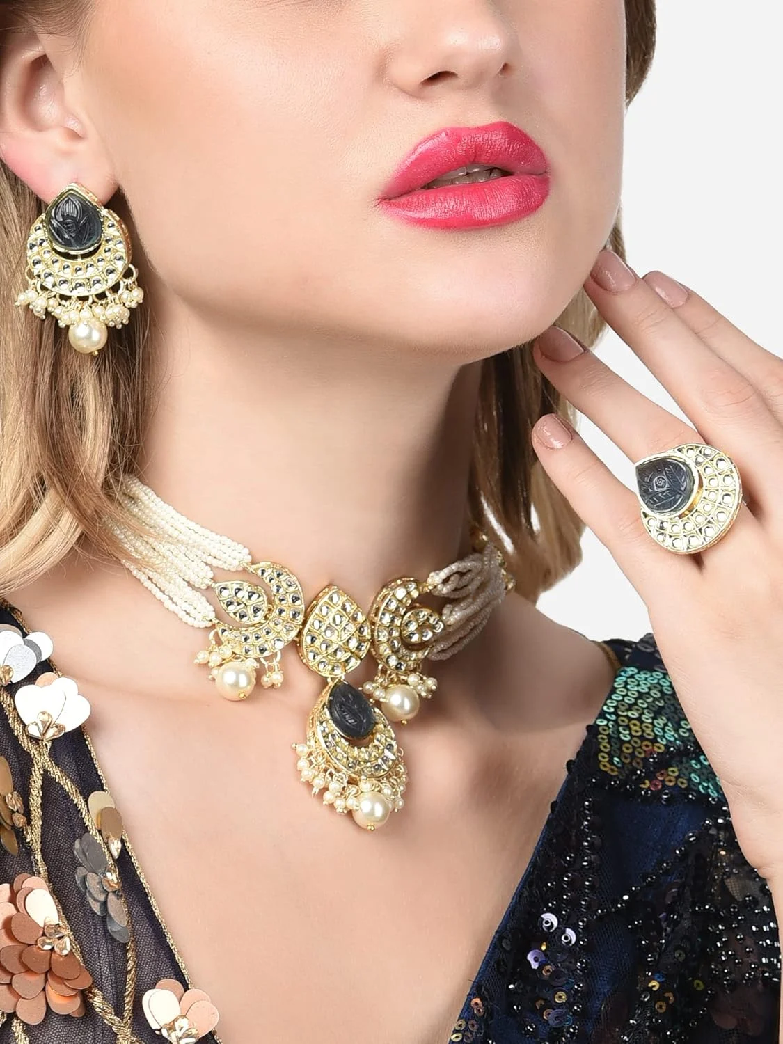 گردنبند چوکر مرواریدی چند رشته ای با سنگ های خاکستری و گوشواره و انگشتر زنانه Zaveri Pearls مدل ZPFK14629 گردنبند چوکر مرواریدی چند رشته ای با سنگ های خاکستری و گوشواره و انگشتر زنانه Zaveri Pearls مدل ZPFK14629