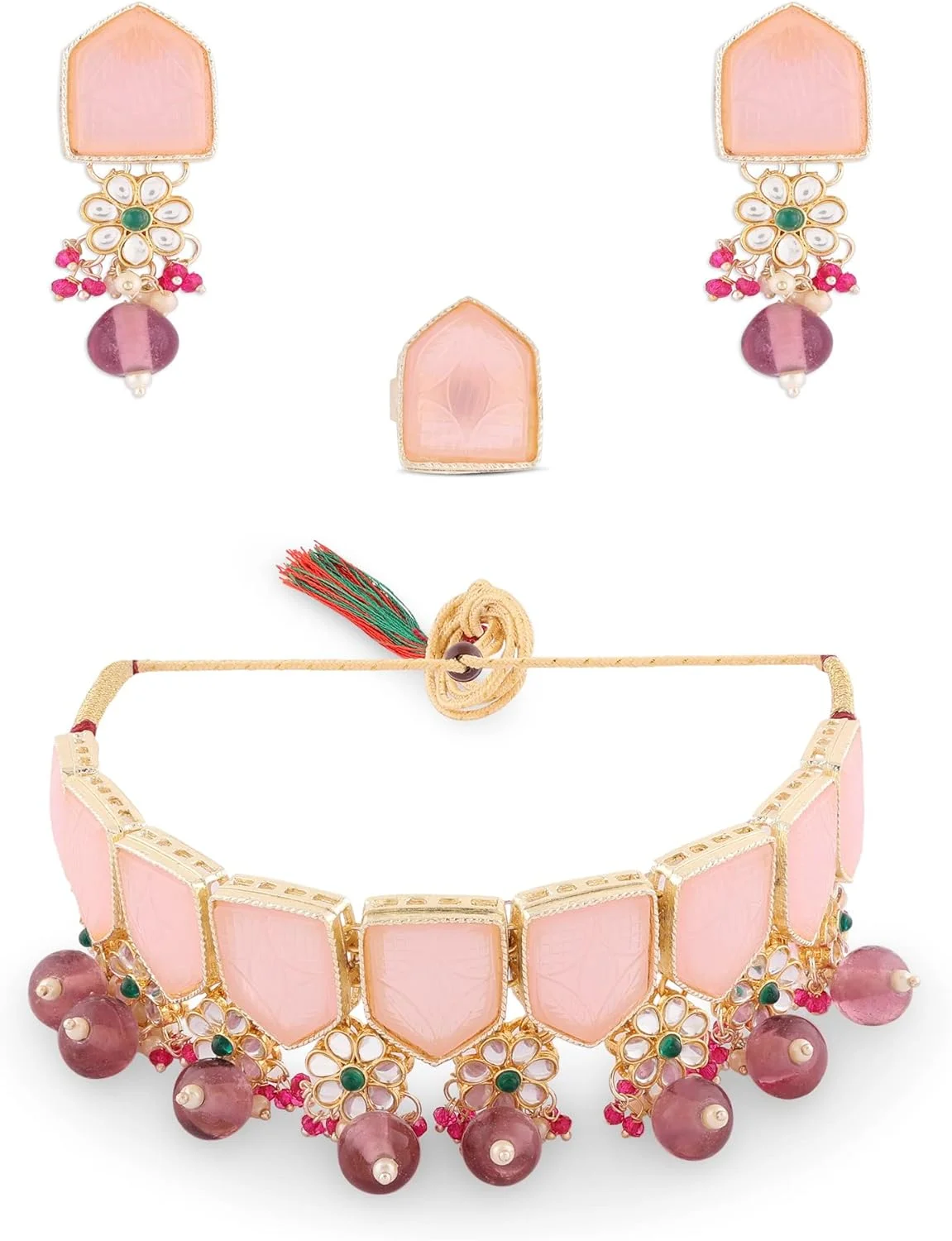 زیوری پرلز ست گردنبند چوکر، گوشواره و انگشتر زنانه با سنگ های صورتی و سبز و مهره های کندان - ZPFK15446
