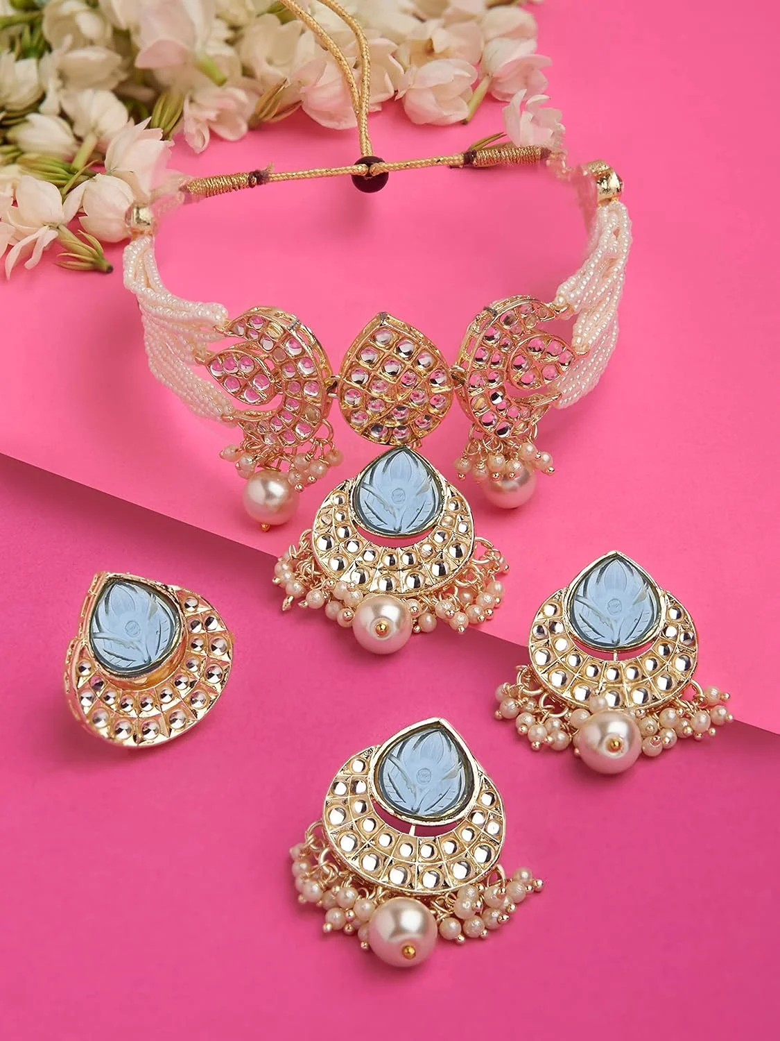 گردنبند چوکر مرواریدی چند رشته ای با سنگ های خاکستری و گوشواره و انگشتر زنانه Zaveri Pearls مدل ZPFK14629 گردنبند چوکر مرواریدی چند رشته ای با سنگ های خاکستری و گوشواره و انگشتر زنانه Zaveri Pearls مدل ZPFK14629