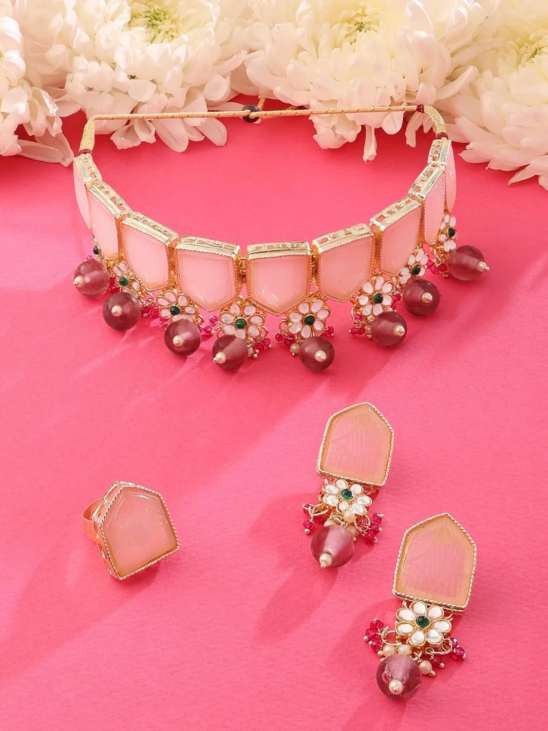 زیوری پرلز ست گردنبند چوکر، گوشواره و انگشتر زنانه با سنگ های صورتی و سبز و مهره های کندان - ZPFK15446 زیوری پرلز ست گردنبند چوکر، گوشواره و انگشتر زنانه با سنگ های صورتی و سبز و مهره های کندان - ZPFK15446