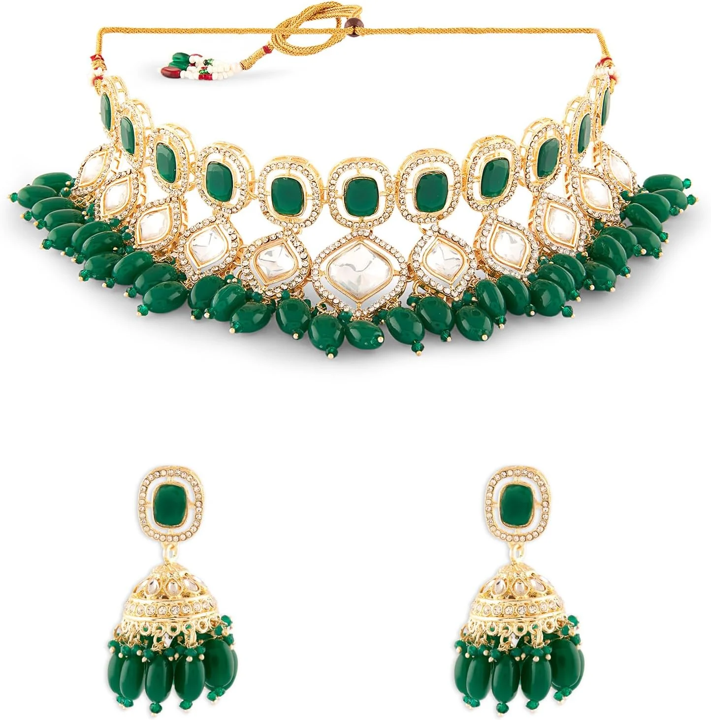 گردنبند چوکر نگین دار و گوشواره زنانه ZAVERI PEARLS با سنگ های سبز و خوشه ای و تزیین الماس اتریشی - ZPFK18056