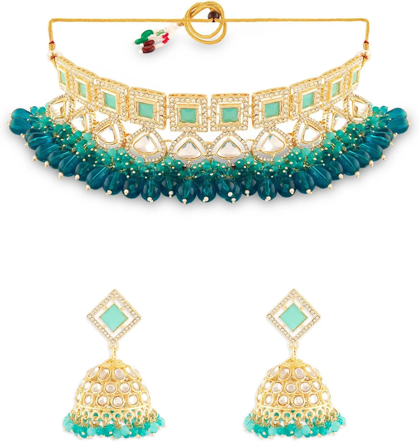 گردنبند چوکر با آویز مهره های خوشه ای فیروزه ای نعنایی و سبزآبی و الماس اتریشی درخشان ZAVERI PEARLS به همراه گوشواره - ZPFK18057