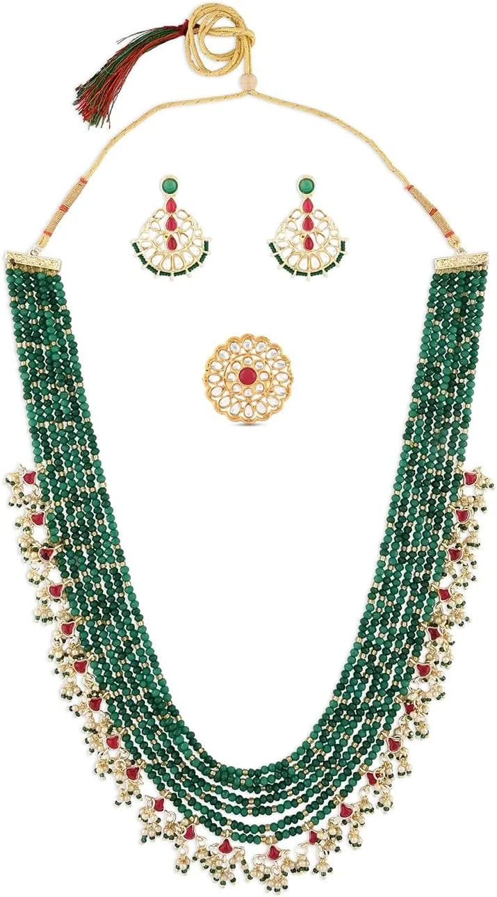 زیوری پرلز ست گردنبند، گوشواره و انگشتر چند لایه مهره دار با کریستال های صورتی و سبز زنانه - ZPFK14750