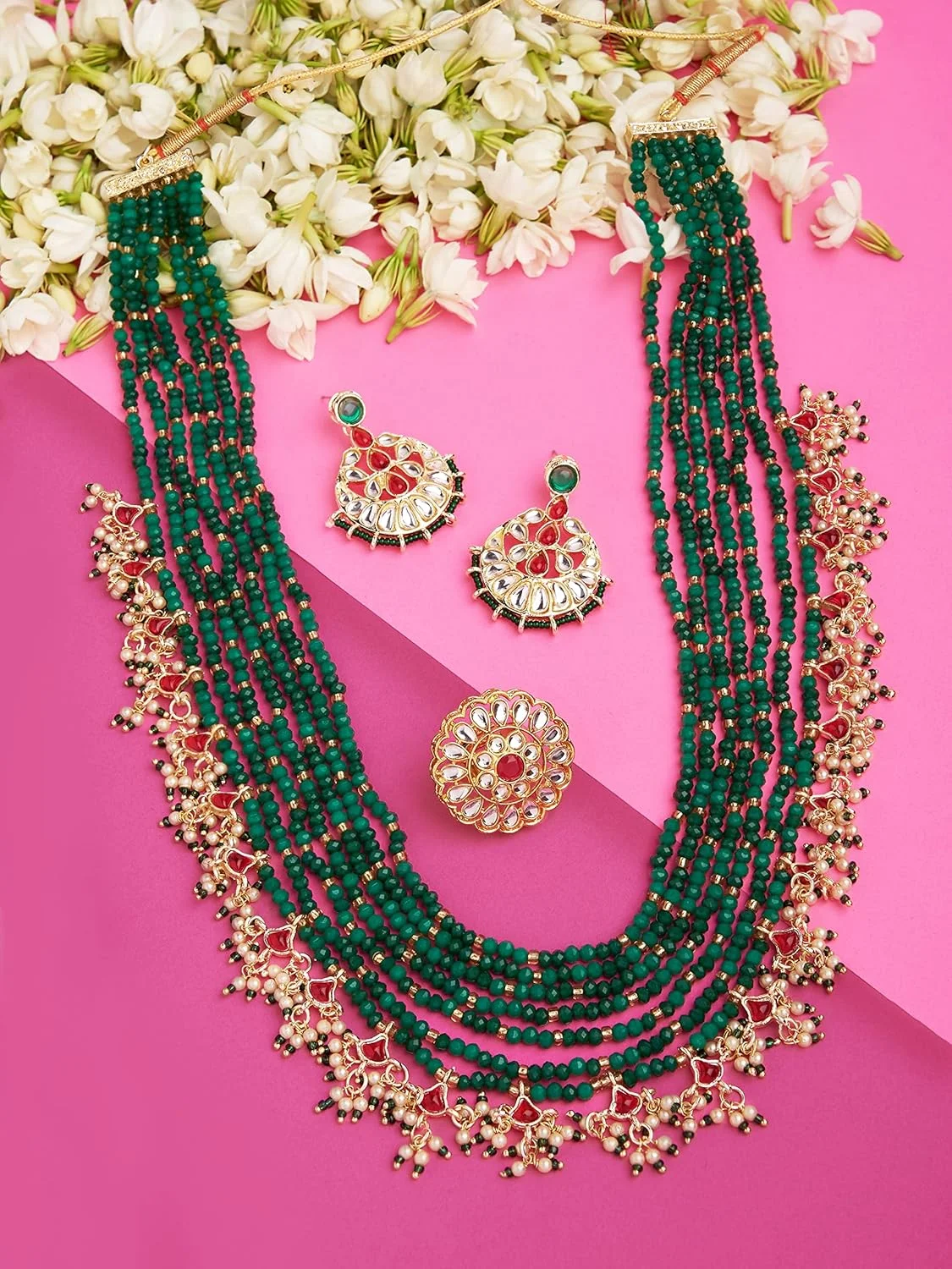 زیوری پرلز ست گردنبند، گوشواره و انگشتر چند لایه مهره دار با کریستال های صورتی و سبز زنانه - ZPFK14750 زیوری پرلز ست گردنبند، گوشواره و انگشتر چند لایه مهره دار با کریستال های صورتی و سبز زنانه - ZPFK14750